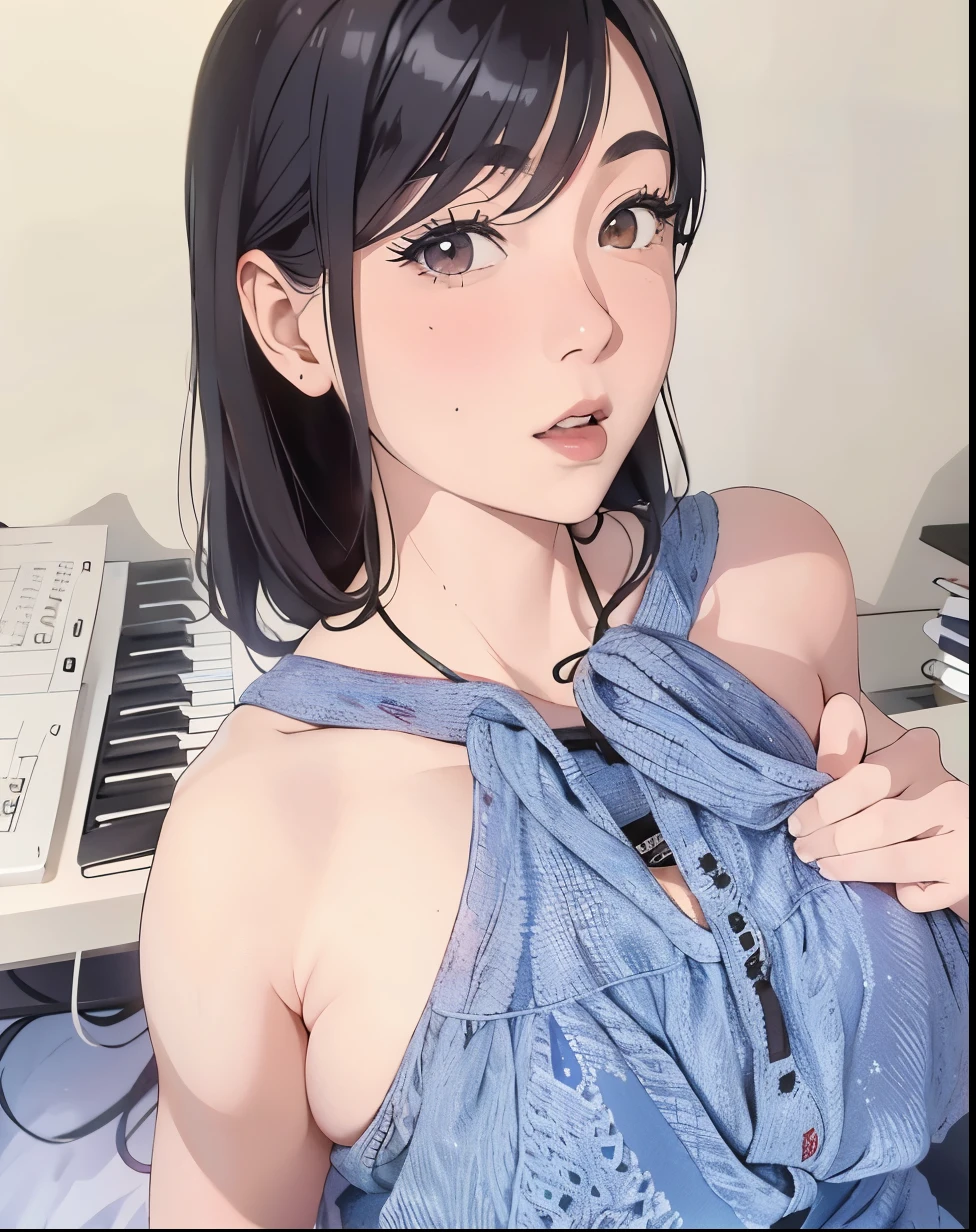 Hay una mujer que posa para una foto frente a un teclado., Yoshitomo Nara, lindocore, muchacha coreana, chica anime en la vida real, ella tiene una linda cara expresiva, chiho, diosa japonesa, 1 8 son, joven y hermosa amouranth, shikami, grueso, mejor conocido como amouranto