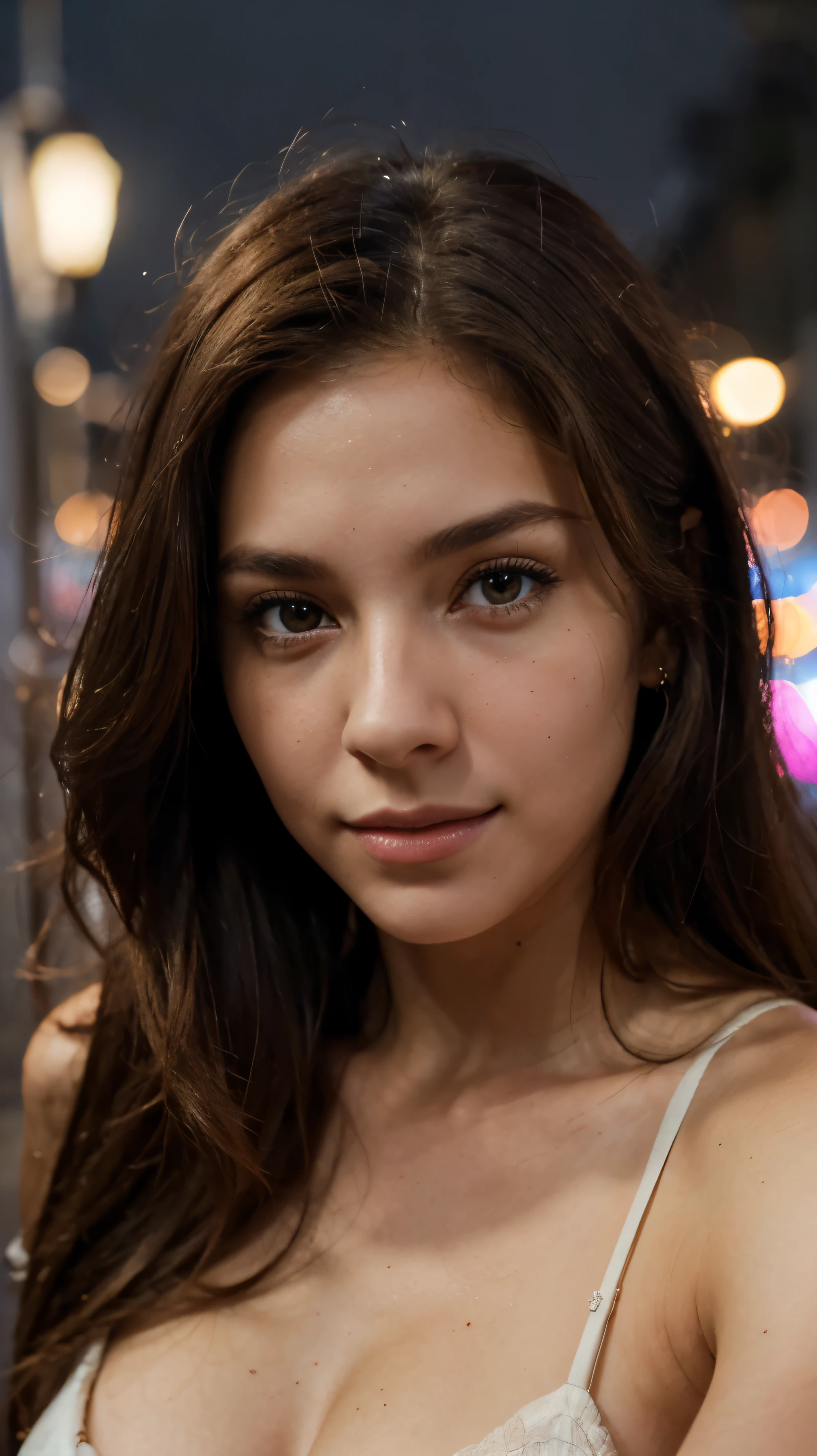 (selfie, Plan: 1.4), (Right half of the body: 1.4) Portrait photo of a 24-year-old brunette in RAW UHD format.. (woman with brown eyes), specificity (textile!, hair! color!!!, Flaws: 1.1), Bright yes, high level of detail (looking at the camera), mirror lighting, ultra quality, Sharpness, , grain), Фуджифильм XT3, Beautiful face, street light, hips (dimly lit), night, (night sky), detailed skin pores, compound eyes, detail, beautiful long ash brown hair, sexy top