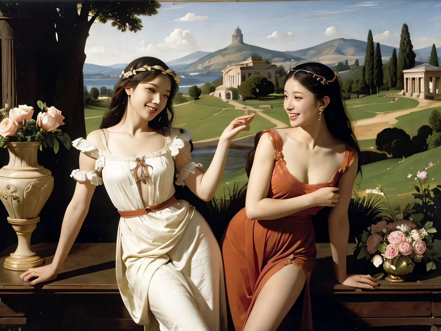 Giorgione painting style,Arguments of two female Philosophe,math、astronomical machine、astronaut、roses in vase、fruits、Cute trinkets、smile、ancient greek costume、Ancient Roman landscape in the style of Nicolas Poussin,laughter,,Sweet and seductive appearance.、Caravaggio's paintings、Chiaroscuro of Caravaggio、hair tousled by the wind,Two women frolicking,cute smile, expression of ecstasy,Sexy,erotic