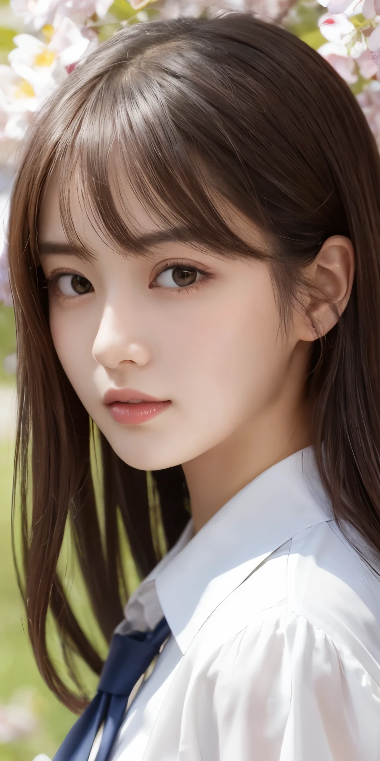 masterpiece、highest quality、High resolution、wallpaper、realistic、bright lighting、professional lighting、face light、smooth lighting、japanese woman、20-year-old、Beautiful woman、action、gravure、sexy、white men's collared shirt、super beautiful、beautiful skin、beautiful and detailed eyes、detailed face、slim、moderately、Beautiful long hair、brunette colored hair、dark brown eyes、look at the camera、Upper body、under the cherry tree
