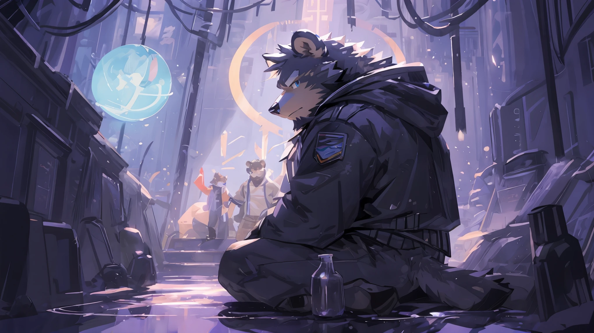 (masterpiece:1.2), best quality,pixiv,official art,(Ray tracing, light), morning ,(1_male:1.3), (solo:1.2) , portrait , (muscle), (gray fur:1.4), (muscle bear), (bear tail), (beard:1.2), halfway, Thick eyebrows, cyberpunk, neon light, black vest, open hoodie, cargo shorts , Salar de Uyuni ,reflection, looking at viewer