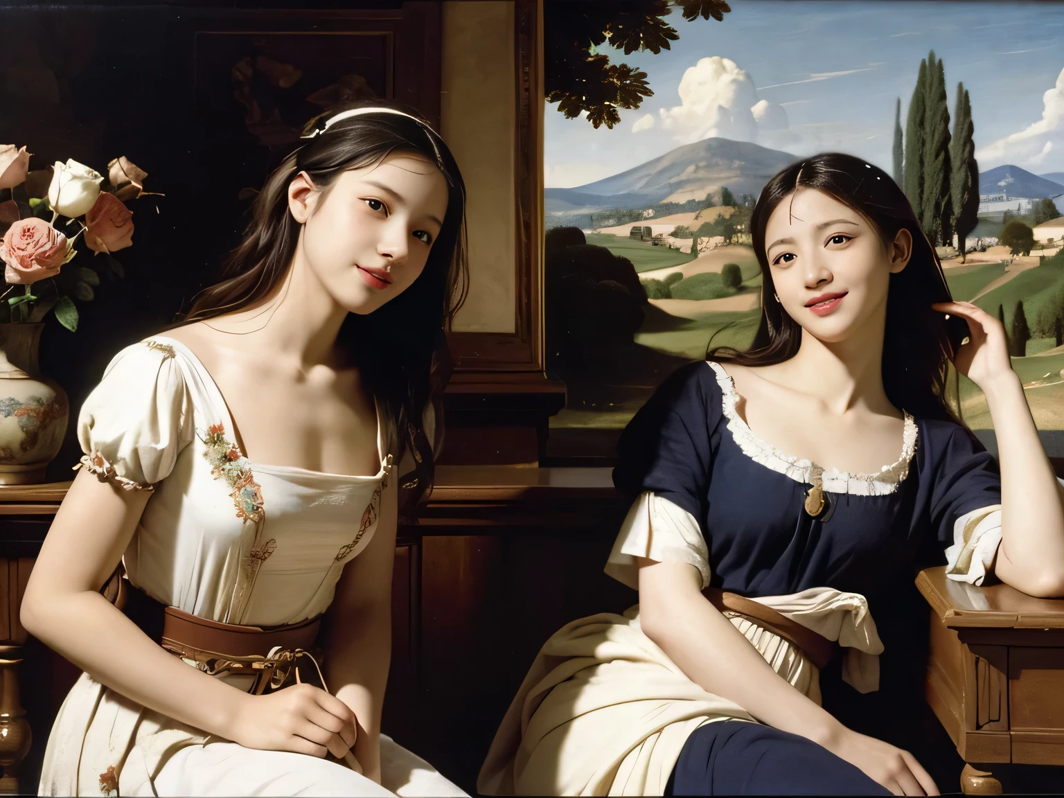 Giorgione painting style,Arguments of two female Philosophe,math、astronomical machine、astronaut、roses in vase、fruits、Cute trinkets、smile、ancient greek costume、Ancient Roman landscape in the style of Nicolas Poussin,laughter,,Sweet and seductive appearance.、Caravaggio's paintings、Chiaroscuro of Caravaggio、hair tousled by the wind,Two women frolicking,cute smile, expression of ecstasy,Sexy,erotic