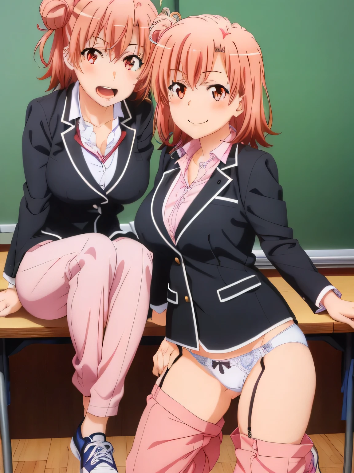 (2 girls) ,(Yukinoshita Yukino white lace panties).(Yuigahama Yui pink lace pants), classroom, uniform,,(black blazer),shirt,(Yuigahama Yui has big breasts),((Yuigahama Yui opens her mouth)),((shiny panties))),squat,thighs,calf,pink sneakers,whole body,smile,from the front,