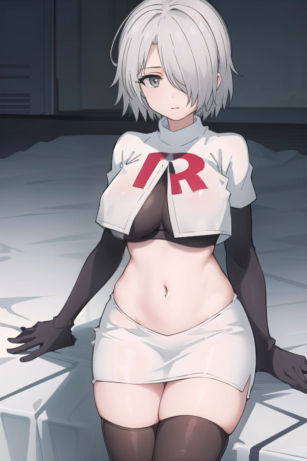 (masterpiece, best quality:1.2),illustration,8k,hd,1girl,solo,hair over one eye,short hair,ahoge,grey eyes,grey hair,alternate hair length,alternate hairstyle,large breasts,team rocket,team rocket uniform,white skirt,red letter R,crop top,black thigh-highs,black elbow gloves