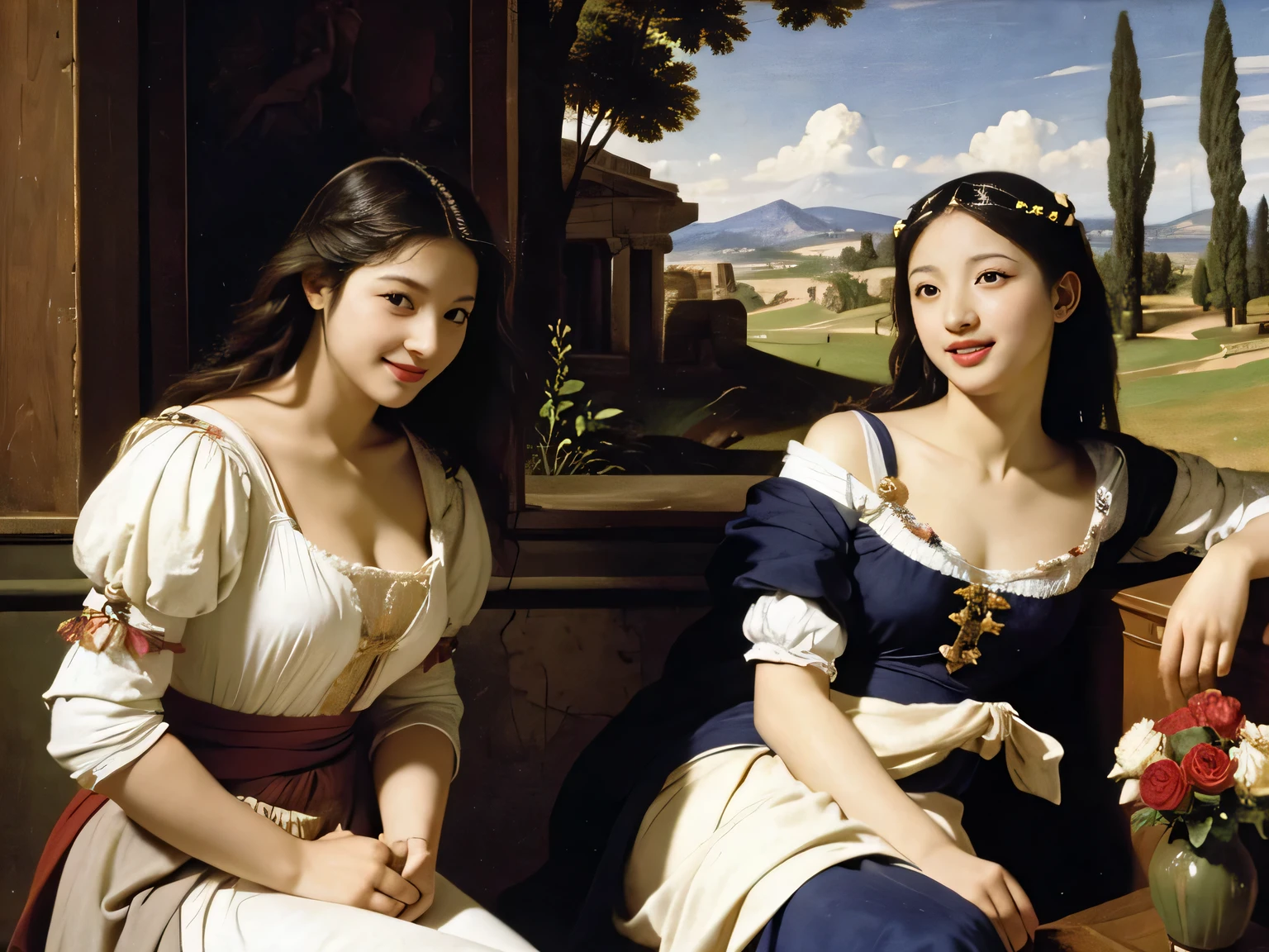 Giorgione painting style,Arguments of two female Philosophe,math、astronomical machine、astronaut、roses in vase、fruits、Cute trinkets、smile、ancient greek costume、Ancient Roman landscape in the style of Nicolas Poussin,laughter,,Sweet and seductive appearance.、Caravaggio's paintings、Chiaroscuro of Caravaggio、hair tousled by the wind,Two women frolicking,cute smile, expression of ecstasy,Sexy,erotic