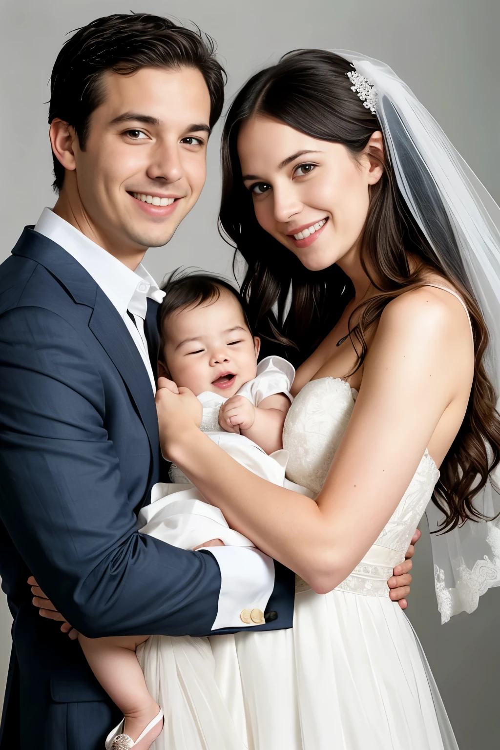 a woman dressed in a wedding gown holding a and smiling with her ceo husband, marido esposa e filho, portrait of family of three, Kailee Mandel, ( ( Emma Lindstrom ) ), family portrait, Happy family, Jenna Barton, foto de uma bela, family photography, Directed by: Carey Morris, Directed by: Winona Nelson, Family photo, Tyler Oeste, Millaise e Greg Rutkowski