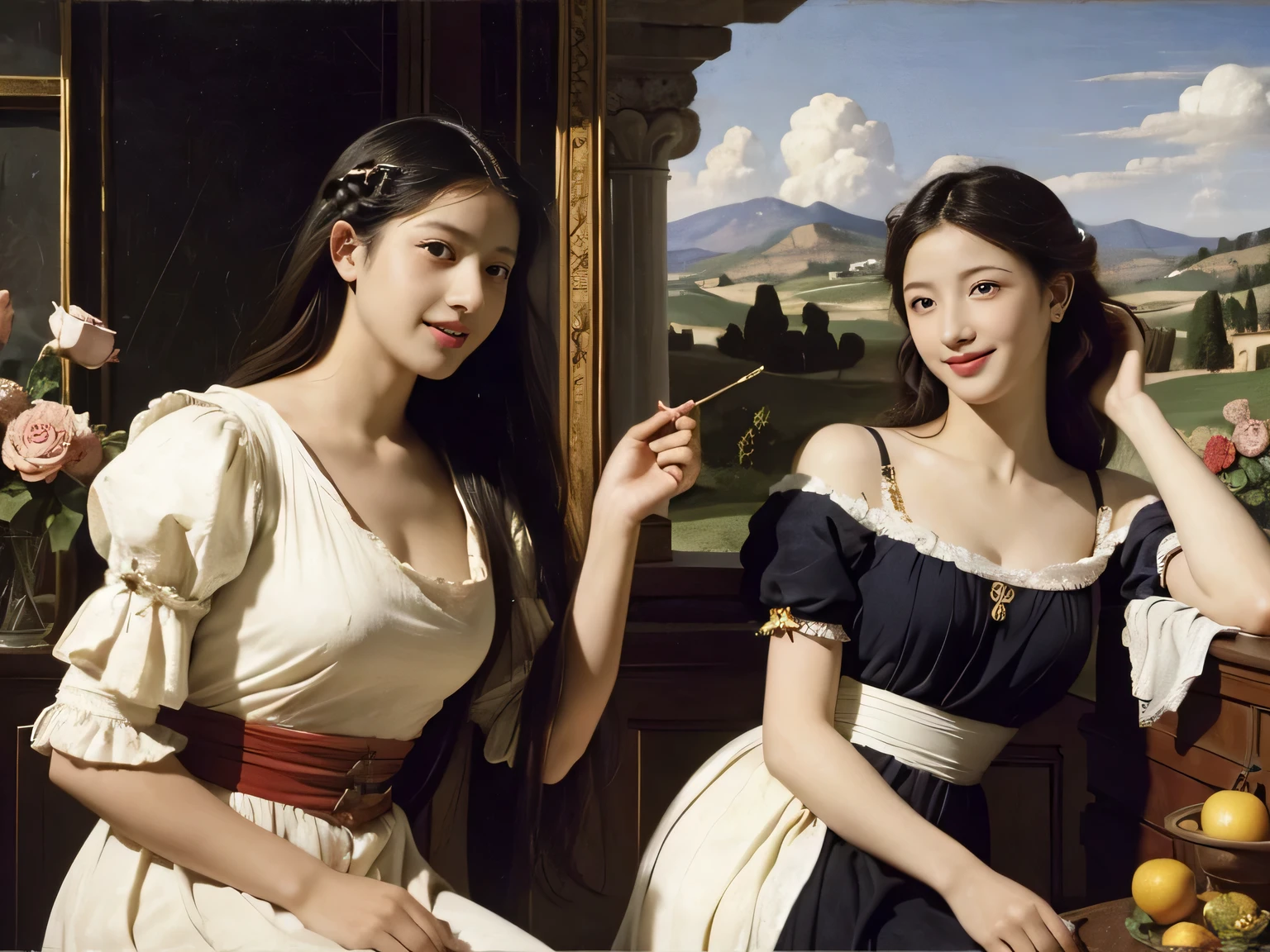 Giorgione painting style,Arguments of two female Philosophe,math、astronomical machine、astronaut、roses in vase、fruits、Cute trinkets、smile、ancient greek costume、Ancient Roman landscape in the style of Nicolas Poussin,laughter,,Sweet and seductive appearance.、Caravaggio's paintings、Chiaroscuro of Caravaggio、hair tousled by the wind,Two women frolicking,cute smile, expression of ecstasy,Sexy,erotic