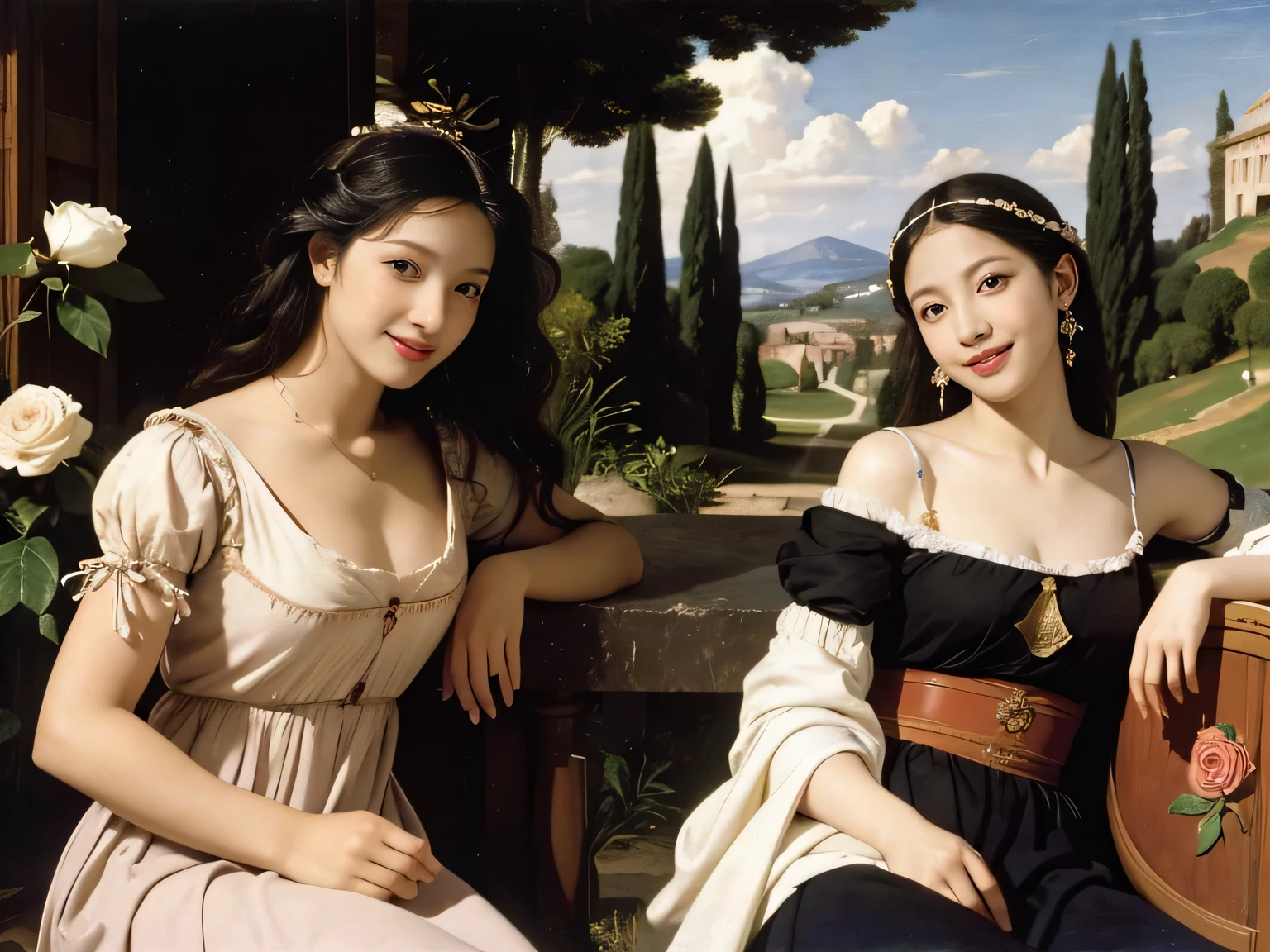 Giorgione painting style,Arguments of two female Philosophe,math、astronomical machine、astronaut、roses in vase、fruits、Cute trinkets、smile、ancient greek costume、Ancient Roman landscape in the style of Nicolas Poussin,laughter,,Sweet and seductive appearance.、Caravaggio's paintings、Chiaroscuro of Caravaggio、hair tousled by the wind,Two women frolicking,cute smile, expression of ecstasy,Sexy,erotic