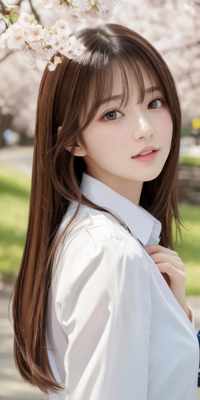 Please draw an illustration of a girl in anime style。Long brown hair、Inner color is green。It&#39;s so cute and famous in the city.。Big eyes and big 、The style is good。I&#39;m wearing a set of clothes。