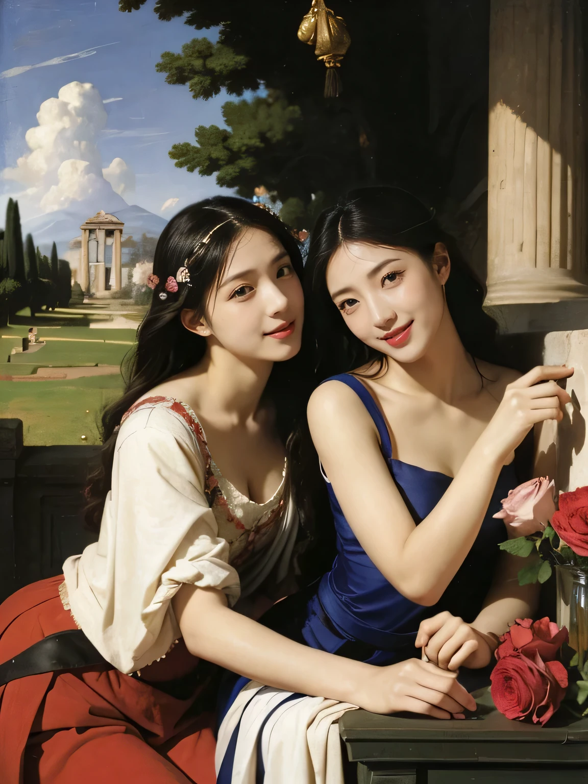 Giorgione painting style,Arguments of two female Philosophe,math、astronomical machine、astronaut、roses in vase、fruits、Cute trinkets、smile、ancient greek costume、Ancient Roman landscape in the style of Nicolas Poussin,laughter,,Sweet and seductive appearance.、Caravaggio's paintings、Chiaroscuro of Caravaggio、hair tousled by the wind,Two women frolicking,cute smile, expression of ecstasy,Sexy,erotic
