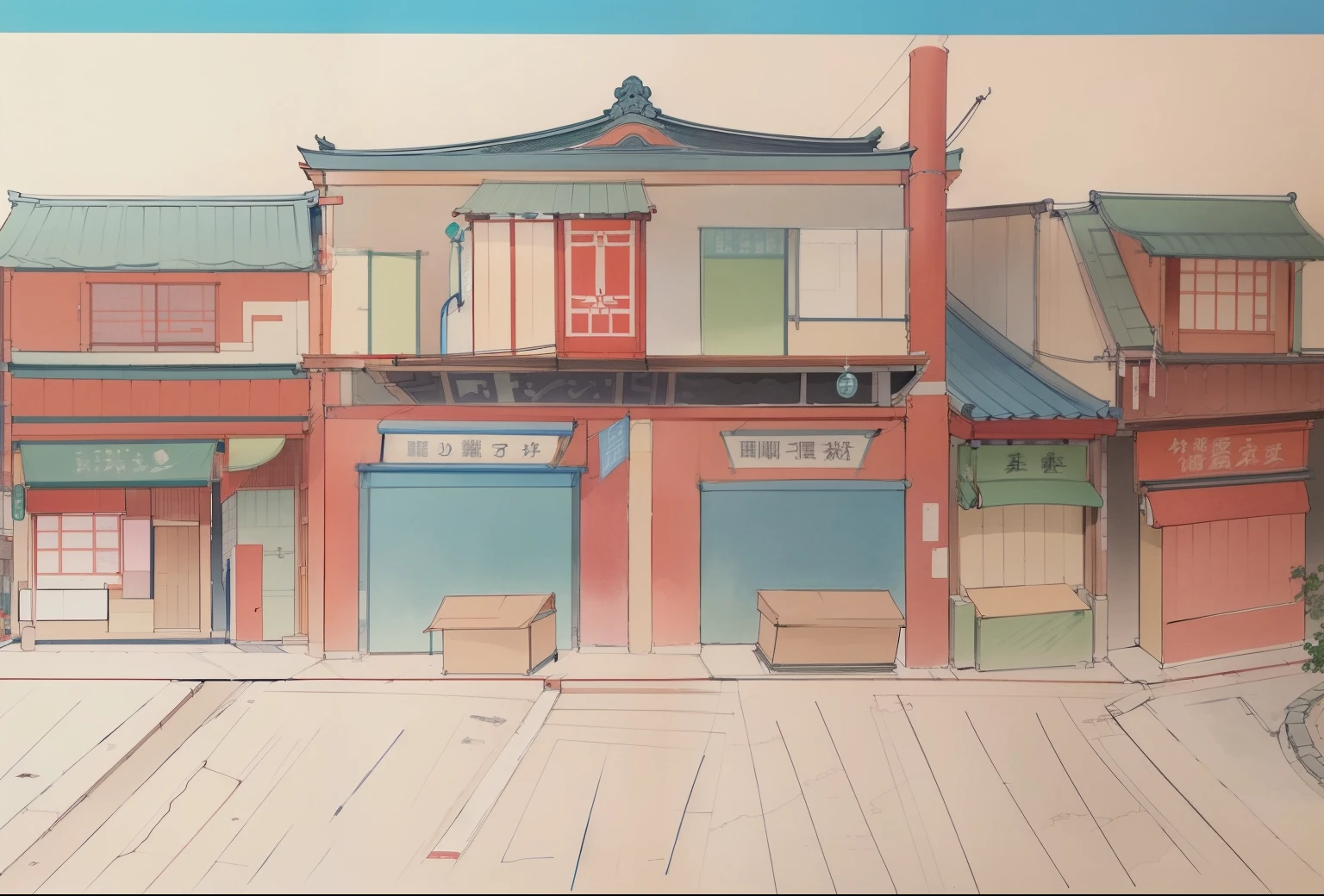 drawing of a building with many windows and doors, Animation city line drawing, Clean ink detailed line drawing, line art插图, stylized lines, Inspired by Watanabe Masahiro, 简单的line art, street background, line drawing, Full page illustration, line art, japan town, Very fine ink line drawing, 详细的line art