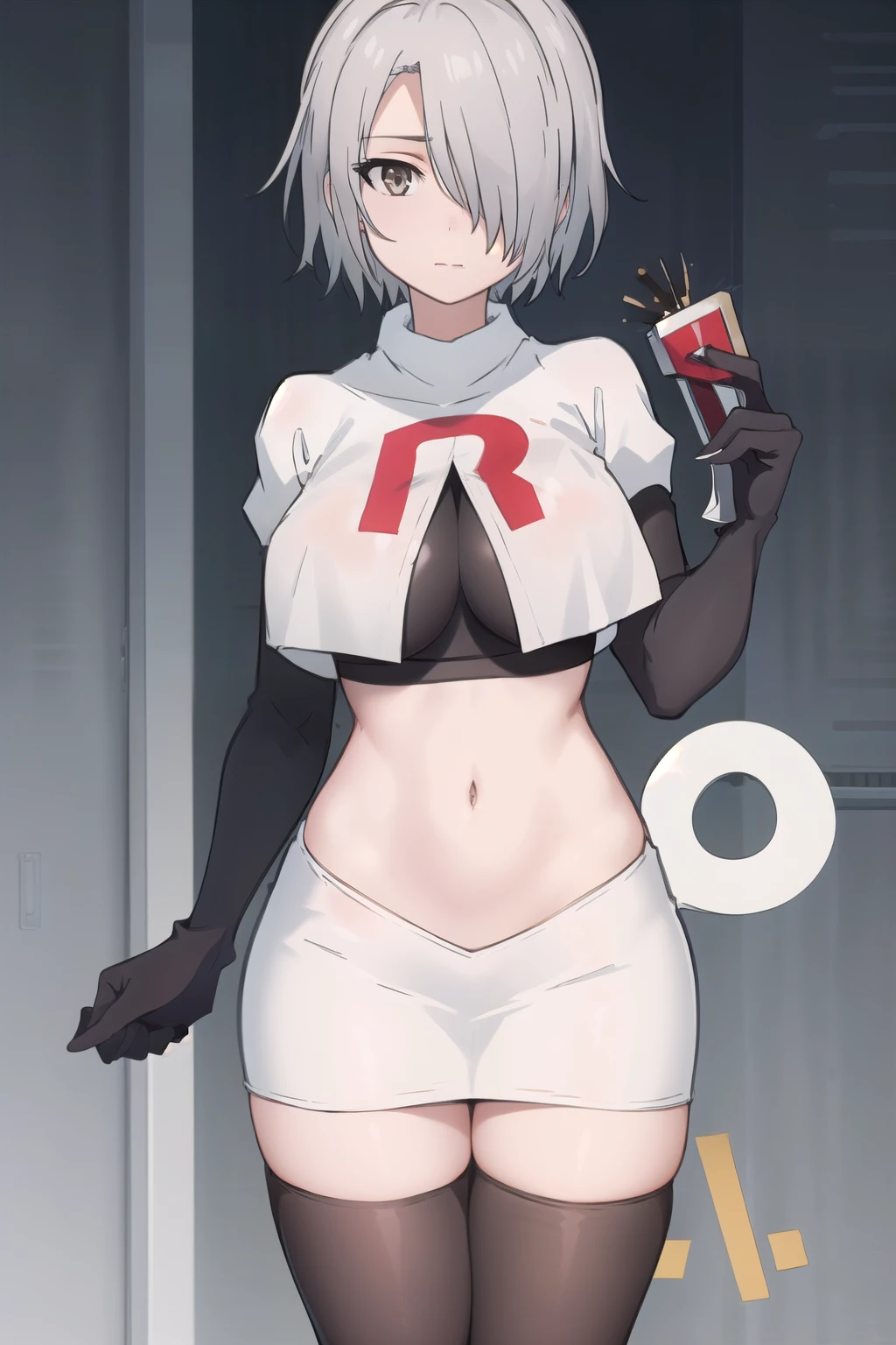 (masterpiece, best quality:1.2),illustration,8k,hd,1girl,solo,hair over one eye,short hair,ahoge,grey eyes,grey hair,alternate hair length,alternate hairstyle,large breasts,team rocket,team rocket uniform,white skirt,red letter R,crop top,black thigh-highs,black elbow gloves