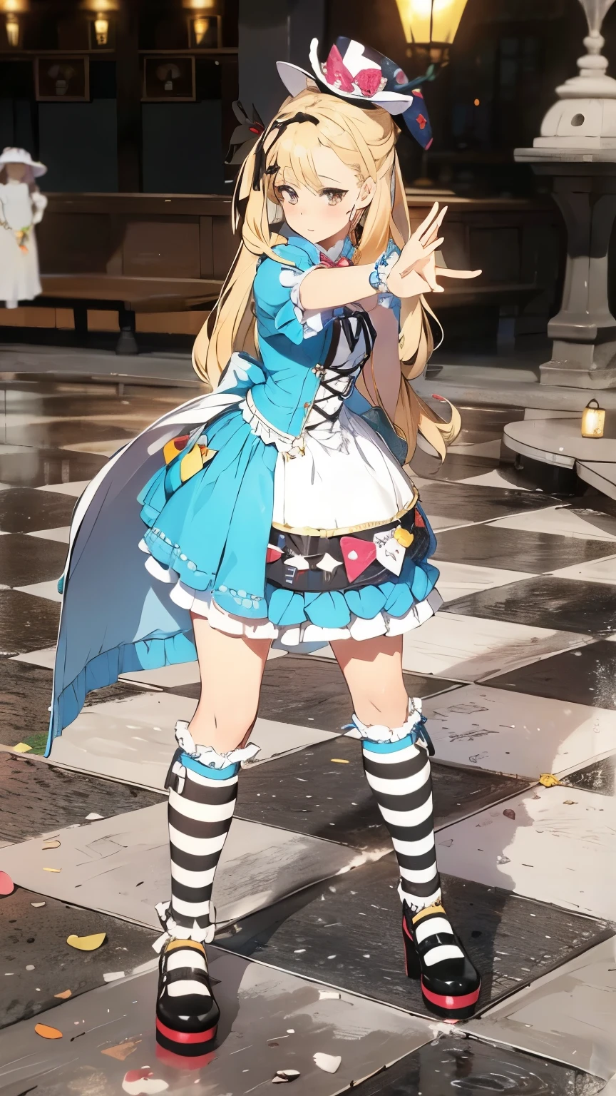 un primer plano de una persona disfrazada en un suelo a cuadros, Alicia from Alicia in wonder land, traje de mucama, Alicia, Alicia attends mad tea party, Alicia goes down the rabbit hole, inspirado en Alice Prin, Alicia in wonderland style, small with curves, like Alicia in wonderland, pixiv 3dcg, en vestido