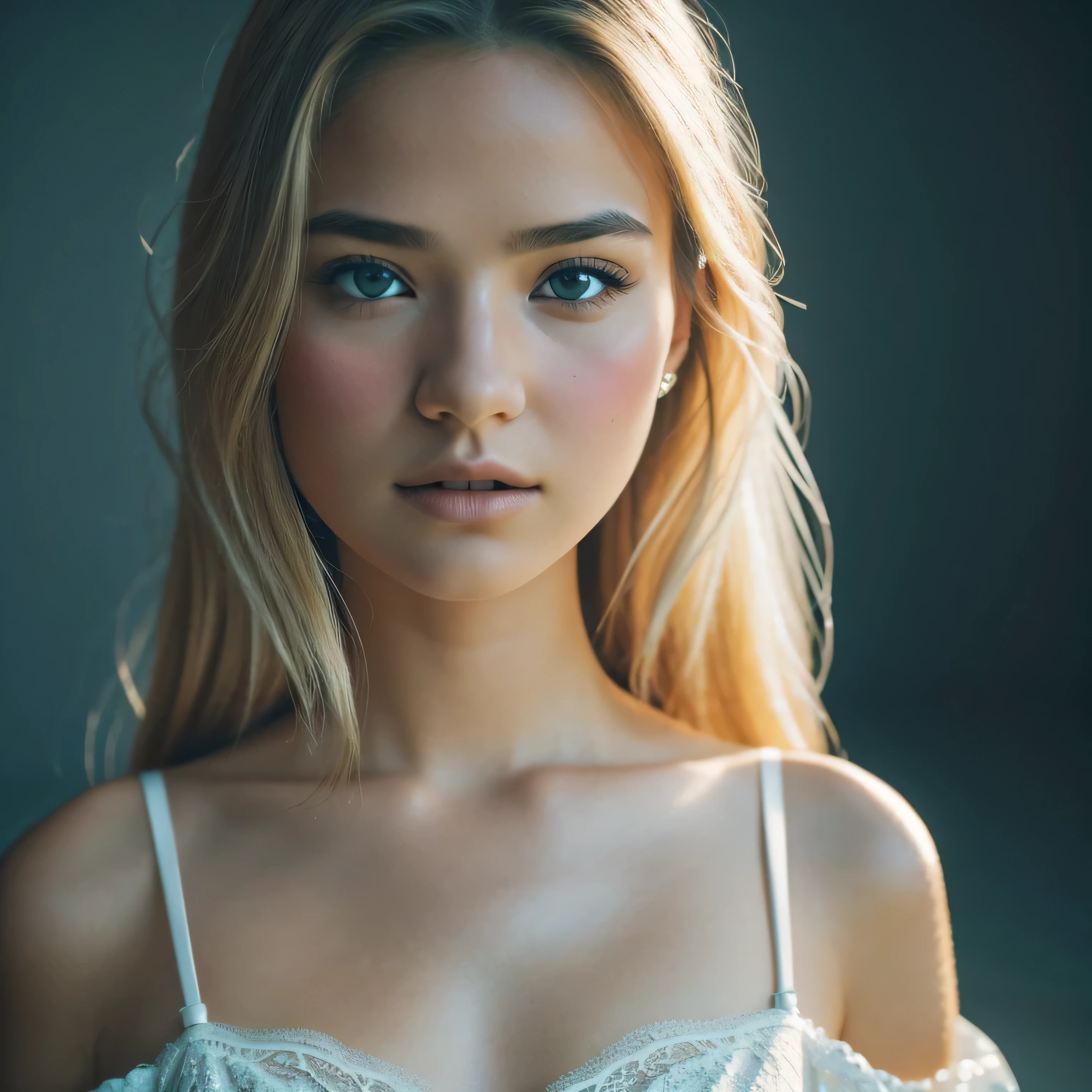 Top Quality, masterpeace, extra high resolution, (Photorealistic:1.4), Raw, 1 girl, blonde woman, blond hairbl, collosal tists, Brown eyes, solo, 19yo, off-shoulder, black lace lingerie, hair light, Shiny hair, eye highlights, Dark, deep-shadows, Low key, Cold light, Fujifilm XT3, (high quality:1.3), (ultra detail:1.3), (high resolution:1.3), crystal clear, Cinematic lighting, volumetric lighting, (film grain:1.2), 1 girl, 8K, solo