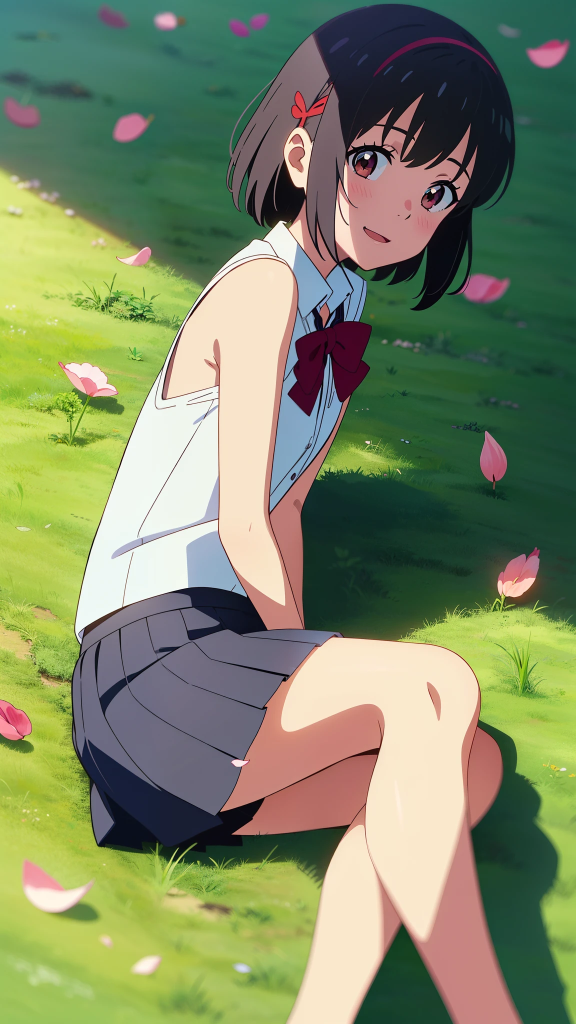 shinkai makoto, kimi no na wa., 1girl, bangs, black hair, blush, round eyes, bright eyes, brown eyes, red headband, red bow, red ribbon, short hair, shinny hair, smile, open mouth, cute, beautiful, shiny skin, looking at the viewer, solo, collarbone, school uniform, white shirt, bare shoulders, black pleated skirt, cherry_blossoms, falling_petals, petals, branch, pink_flower, spring_season, perfect hands, holding_flower, wind, lying, lying on flower field, flower field