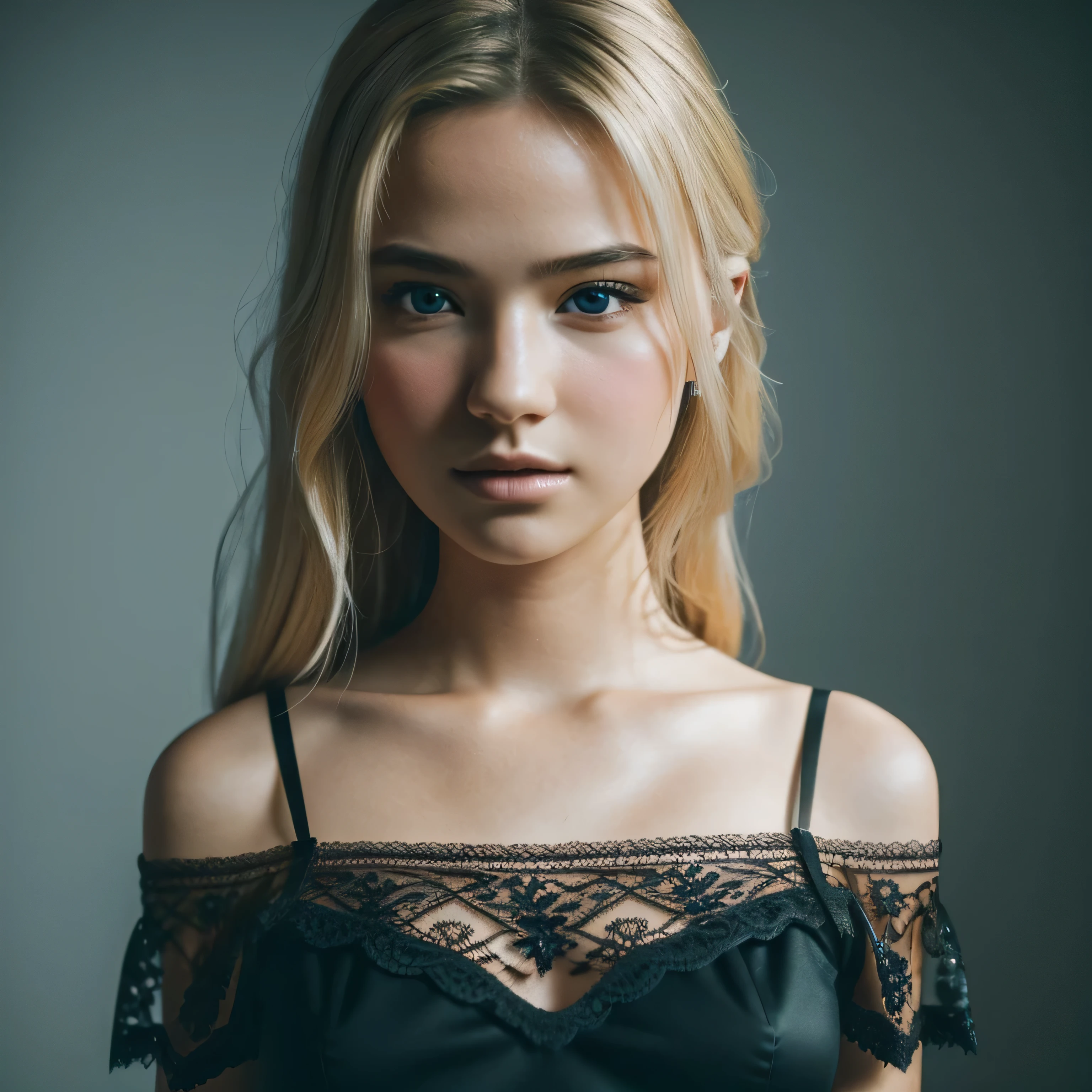 Top Quality, masterpeace, extra high resolution, (Photorealistic:1.4), Raw, 1 girl, blonde woman, blond hairbl, collosal tists, Brown eyes, solo, 19yo, off-shoulder, black lace lingerie, hair light, Shiny hair, eye highlights, Dark, deep-shadows, Low key, Cold light, Fujifilm XT3, (high quality:1.3), (ultra detail:1.3), (high resolution:1.3), crystal clear, Cinematic lighting, volumetric lighting, (film grain:1.2), 1 girl, 8K, solo