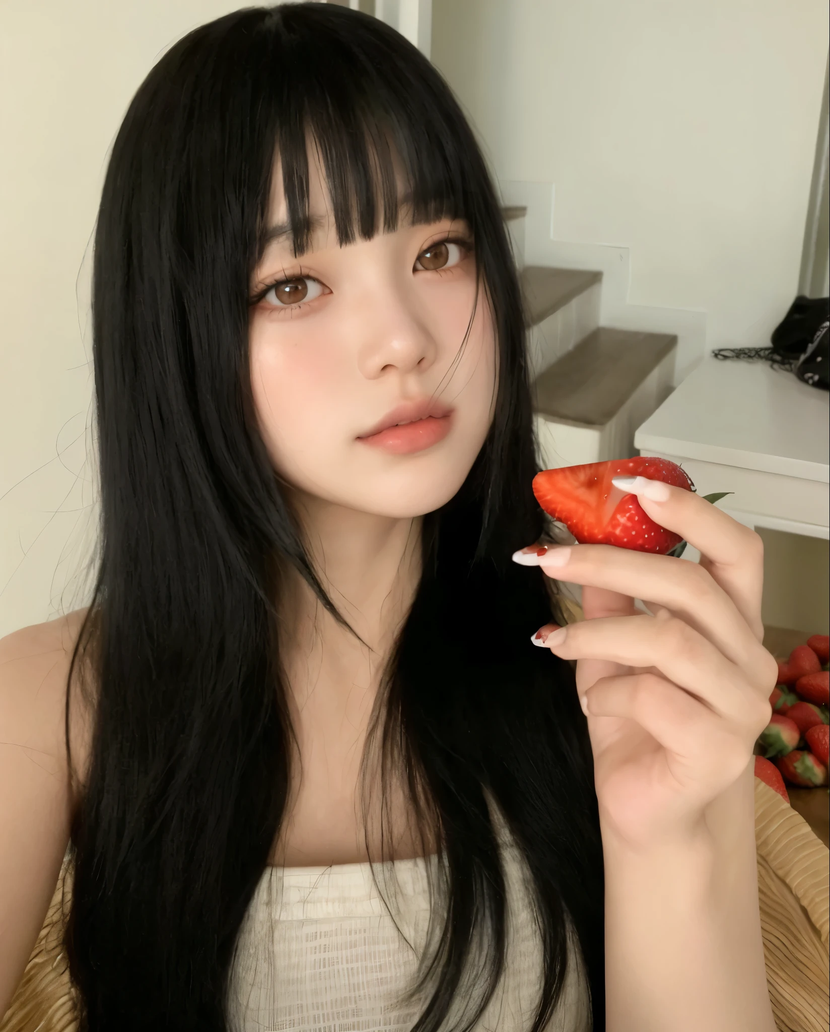 araffe girl with long black hair holding a strawberry in her hand, ulzzang, she has black hair with bangs, lalisa manobal, korean girl, black hime cut hair, long black hair with bangs, sui ishida with black hair, gorgeous young korean woman, long hair with full bangs, the hime cut, long hair with bangs