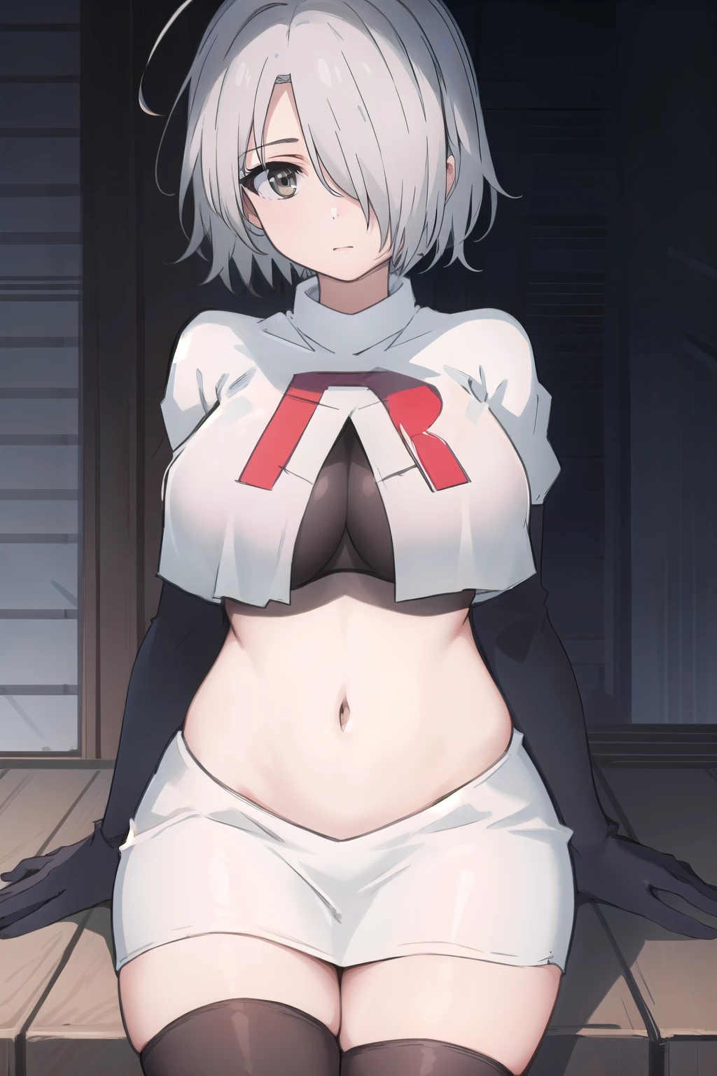(masterpiece, best quality:1.2),illustration,8k,hd,1girl,solo,hair over one eye,short hair,ahoge,grey eyes,grey hair,alternate hair length,alternate hairstyle,large ,team rocket,team rocket uniform,white skirt,red letter R,crop top,black thigh-highs,black elbow gloves