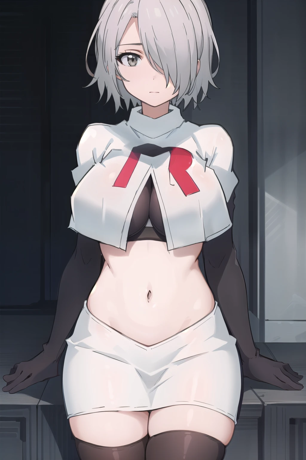 (masterpiece, best quality:1.2),illustration,8k,hd,1girl,solo,hair over one eye,short hair,ahoge,grey eyes,grey hair,alternate hair length,alternate hairstyle,large breasts,team rocket,team rocket uniform,white skirt,red letter R,crop top,black thigh-highs,black elbow gloves