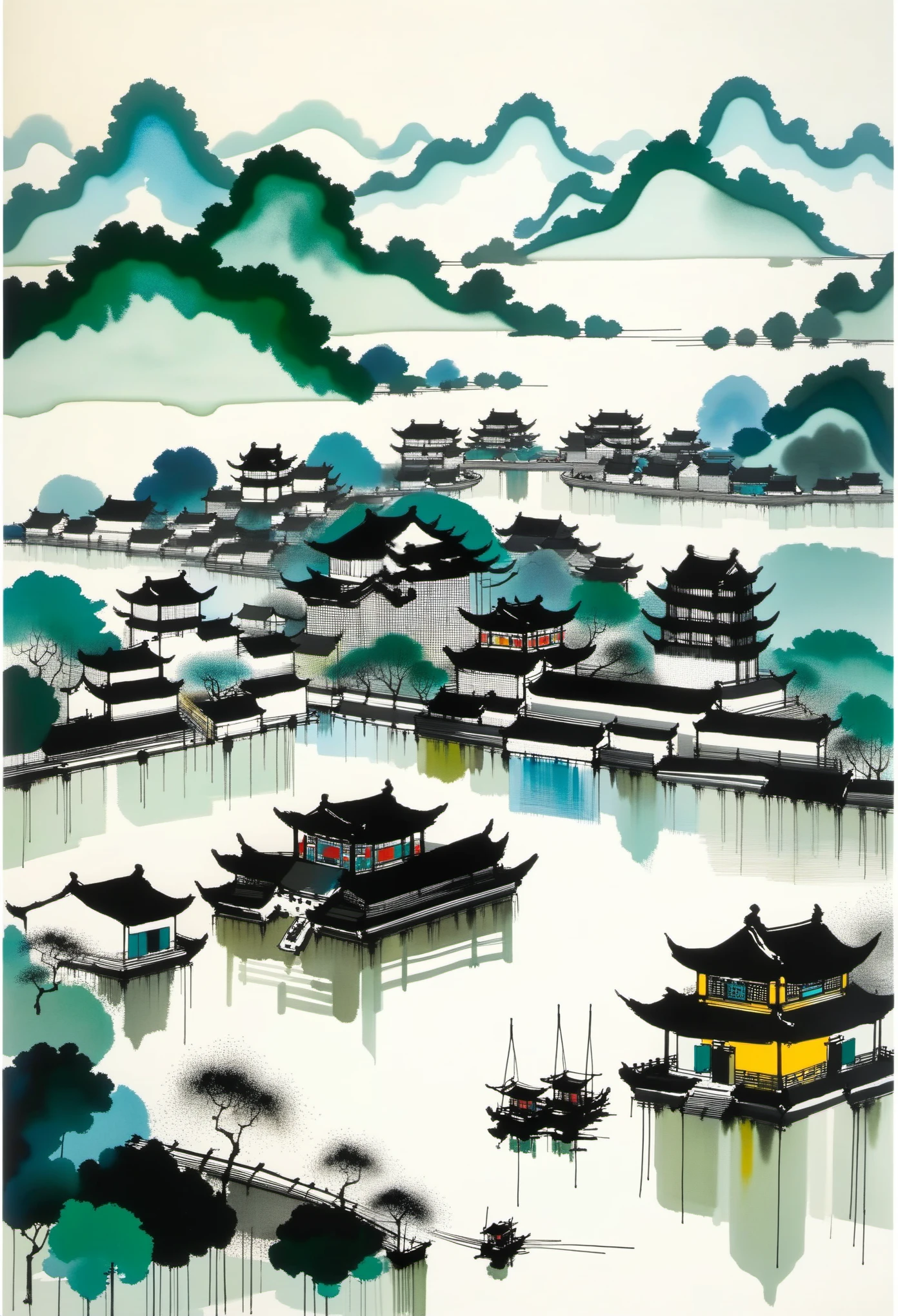 Geometric abstract ink，Describe the Jiangnan landscape architectural complex，Wu Guanzhong's style is an artistic expression that merges traditional Chinese ink techniques with Western painting concepts. It is characterized by modern interpretations of traditional themes, creating unique visual effects through color and line.