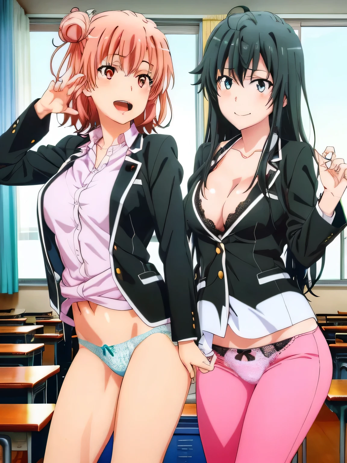 (2 girls) ,(Yukinoshita Yukino white lace panties).(Yuigahama Yui pink lace pants), classroom, uniform,,(black blazer),shirt,(Yuigahama Yui has big breasts),((Yuigahama Yui opens her mouth)),((shiny panties))),thighs,calf,pink sneakers,whole body,smile,from the front,