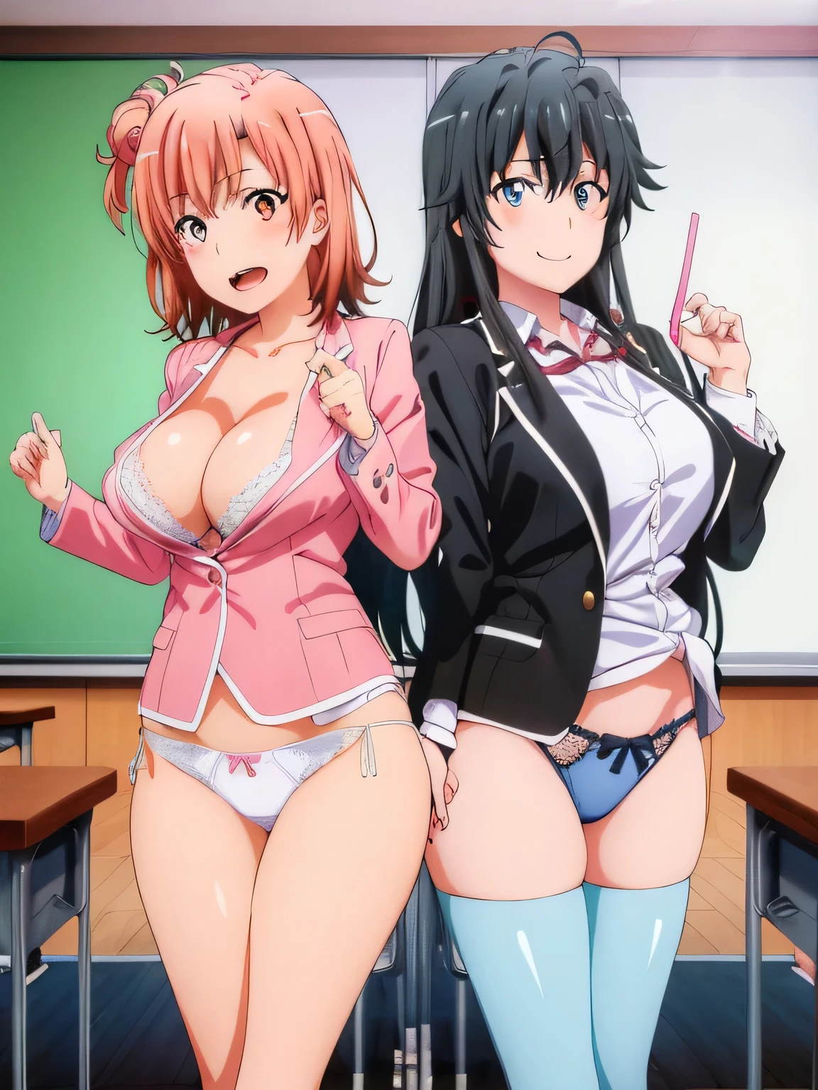 (2 girls) ,(Yukinoshita Yukino white lace panties).(Yuigahama Yui pink lace pants), classroom, uniform,,(black blazer),shirt,(Yuigahama Yui has big breasts),((Yuigahama Yui opens her mouth)),((shiny panties))),thighs,calf,pink sneakers,whole body,smile,from the front,