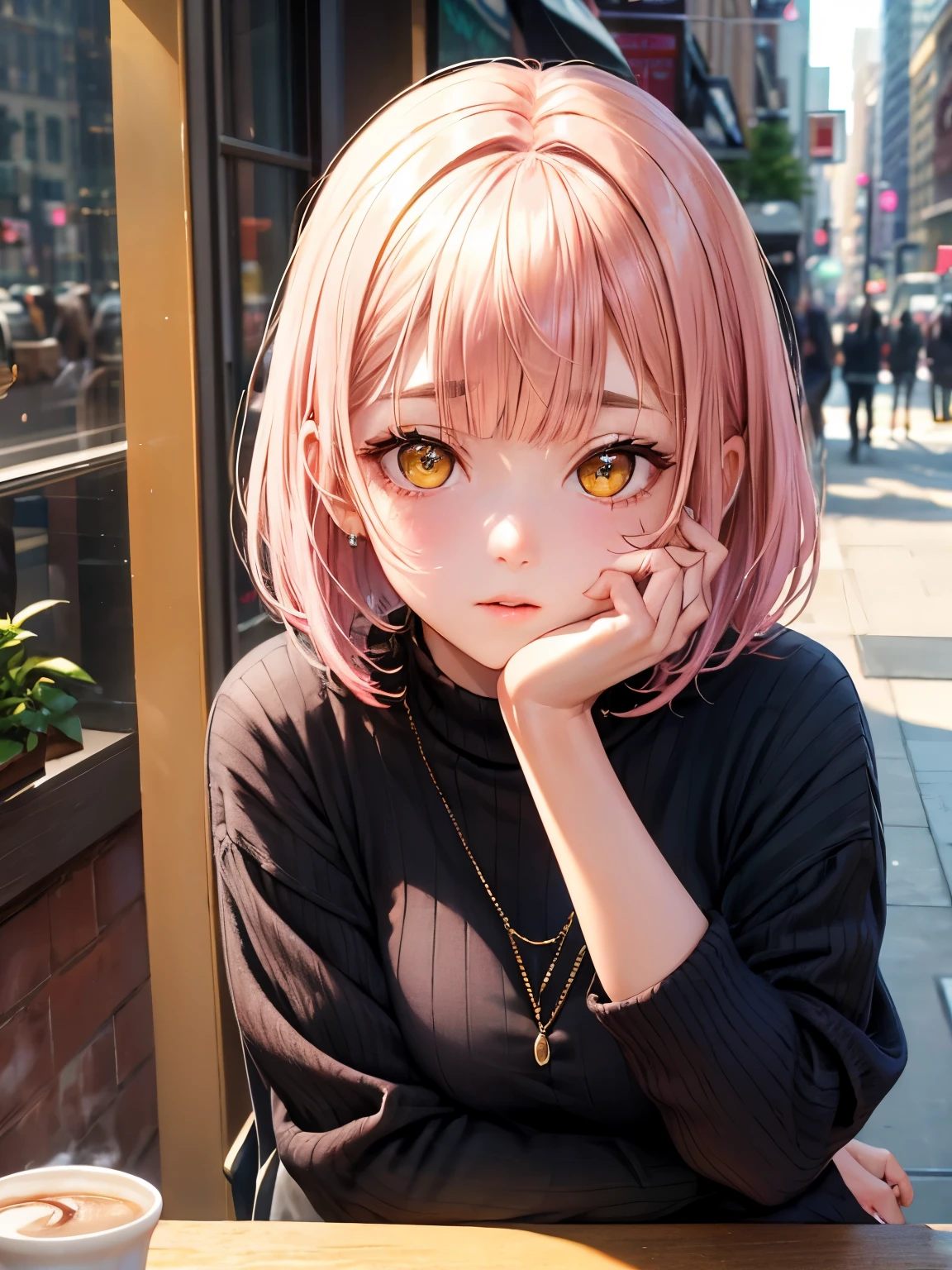 Cafes in New York、drinking coffee on the outdoor terrace、highest quality, 20 year old woman,Shadow, yellow eyes、 pink gold short bob、bangs above the eyebrows、short bangs、,Upper body,random reflections,natural skin texture,Face looking up,drooping corners of the eyes,soft light,sharp,
