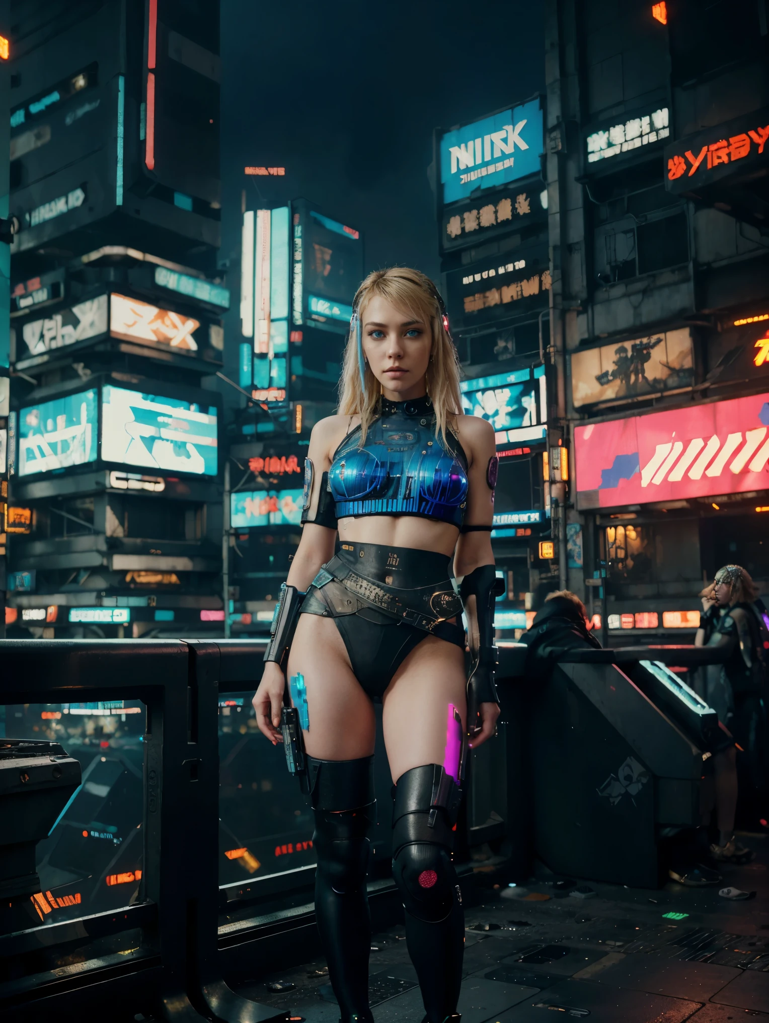 a portrait of a woman, ((blue eyes)), ((slavic features)), Wacky ((blonde hair)), wearing top and short, shredded clothes, in front of a sci fi cityscape, science fiction , long breasts, futuristic city, ((cyberpunk:1.5)),, realistic detailed, bad ass, punk rock, rebel, sexy, full body shot, a vast cybernetic network metropolis. (neonlight:1.2),advertising billboard,Embedded LED shine. Future Vision, Excellent location,Features city views, enviroment: panoramic view of a city,((skylines))
