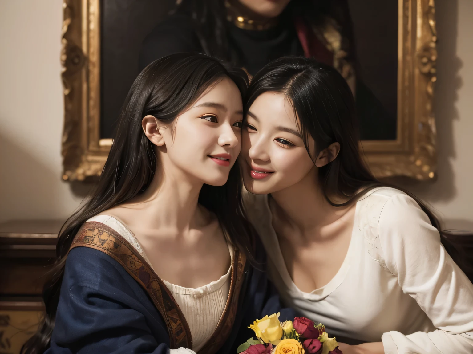 Giorgione painting style,Arguments of two female Philosophe,math、astronomical machine、astronaut、roses in vase、fruits、Cute trinkets、smile、ancient greek costume、Ancient Roman landscape in the style of Nicolas Poussin,laughter,,Sweet and seductive appearance.、Caravaggio's paintings、Chiaroscuro of Caravaggio、hair tousled by the wind,Two women frolicking,cute smile, expression of ecstasy,Sexy,erotic