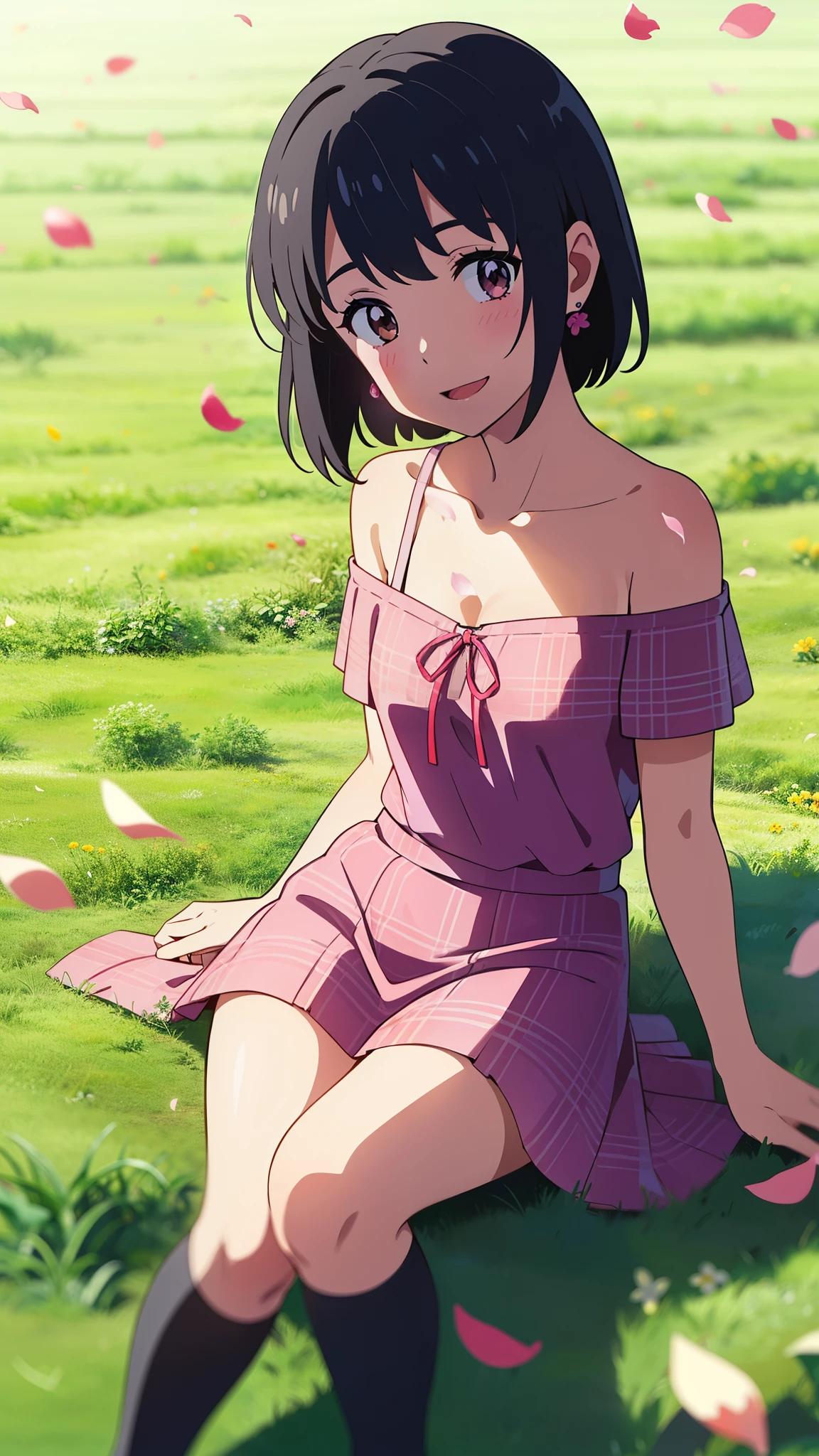 shinkai makoto, kimi no na wa., 1girl, bangs, black hair, blush, round eyes, bright eyes, brown eyes, red headband, red bow, red ribbon, short hair, shinny hair, smile, open mouth, cute, beautiful, shiny skin, looking at the viewer, solo, collarbone, pink dress, Off-the-shoulder, white skirt, plaid skirt, earrings, cherry_blossoms, falling_petals, petals, branch, pink_flower, spring_season, perfect hands, holding_flower, wind, lying, lying on flower field, flower field