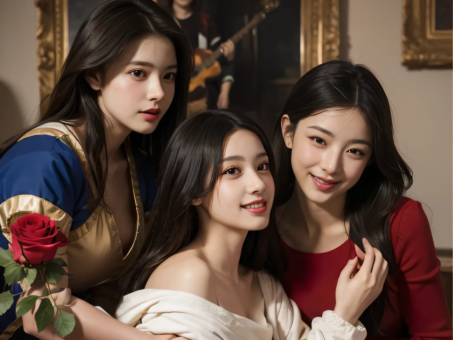 Giorgione painting style,Arguments of two female Philosophe,math、astronomical machine、astronaut、roses in vase、fruits、Cute trinkets、smile、ancient greek costume、Ancient Roman landscape in the style of Nicolas Poussin,laughter,,Sweet and seductive appearance.、Caravaggio's paintings、Chiaroscuro of Caravaggio、hair tousled by the wind,Two women frolicking,cute smile, expression of ecstasy,Sexy,erotic