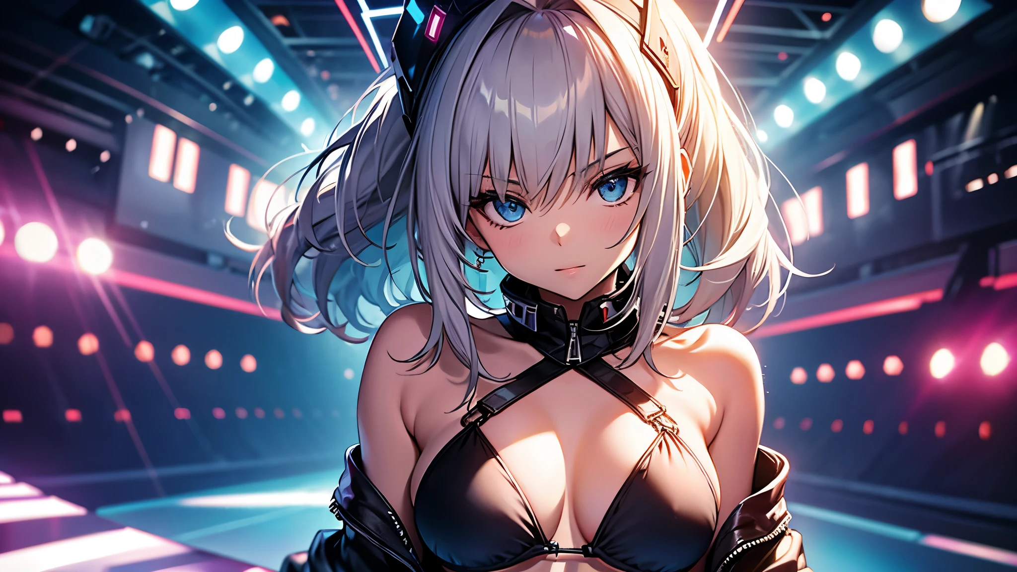 Top quality, masterpiece, big tits, tiny bikini, see-through bikini, sexy, EDM background