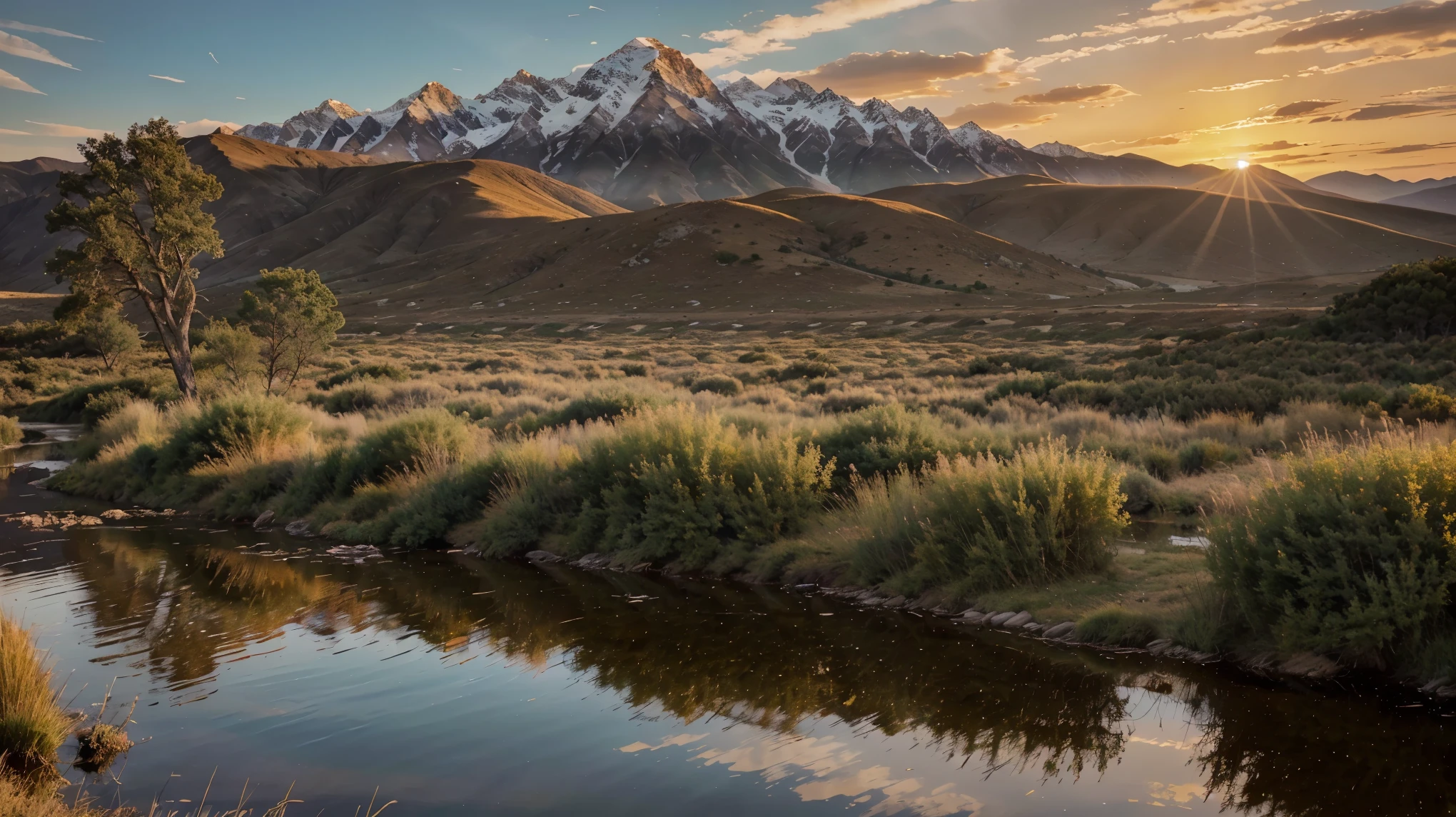 A stunning, high-resolution photograph captured with a Phase One XF 100MP camera and a 300mm lens. The image showcases a dazzling sunset  the horizon, casting a warm golden light over a vast field. The depth of the landscape is accentuated by the presence of a wide river snaking through the scene and the expansive sky above. Rich greenery and wildlife dot the landscape, creating a sense of life and vitality. The exposure is set to ISO 800 film and f/8, capturing the beauty and detail of the scene in a captivating poster., worthy image., photo, poster, wildlife photography