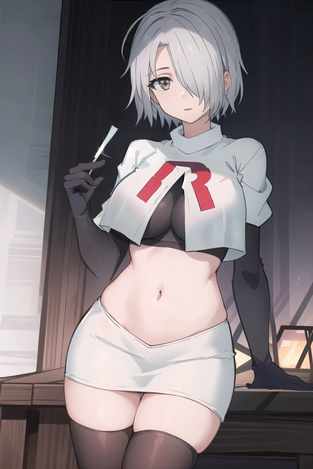 (masterpiece, best quality:1.2),illustration,8k,hd,1girl,solo,hair over one eye,short hair,ahoge,grey eyes,grey hair,alternate hair length,alternate hairstyle,large breasts,team rocket,team rocket uniform,white skirt,red letter R,crop top,black thigh-highs,black elbow gloves