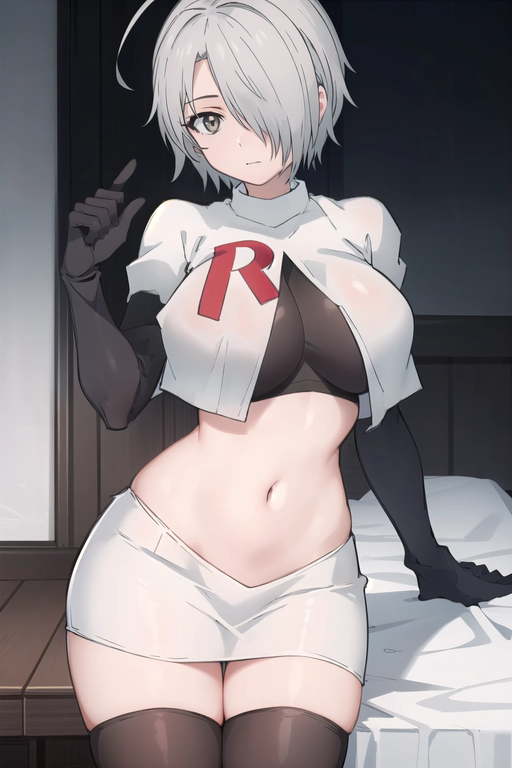 (masterpiece, best quality:1.2),illustration,8k,hd,1girl,solo,hair over one eye,short hair,ahoge,grey eyes,grey hair,alternate hair length,alternate hairstyle,large breasts,team rocket,team rocket uniform,white skirt,red letter R,crop top,black thigh-highs,black elbow gloves