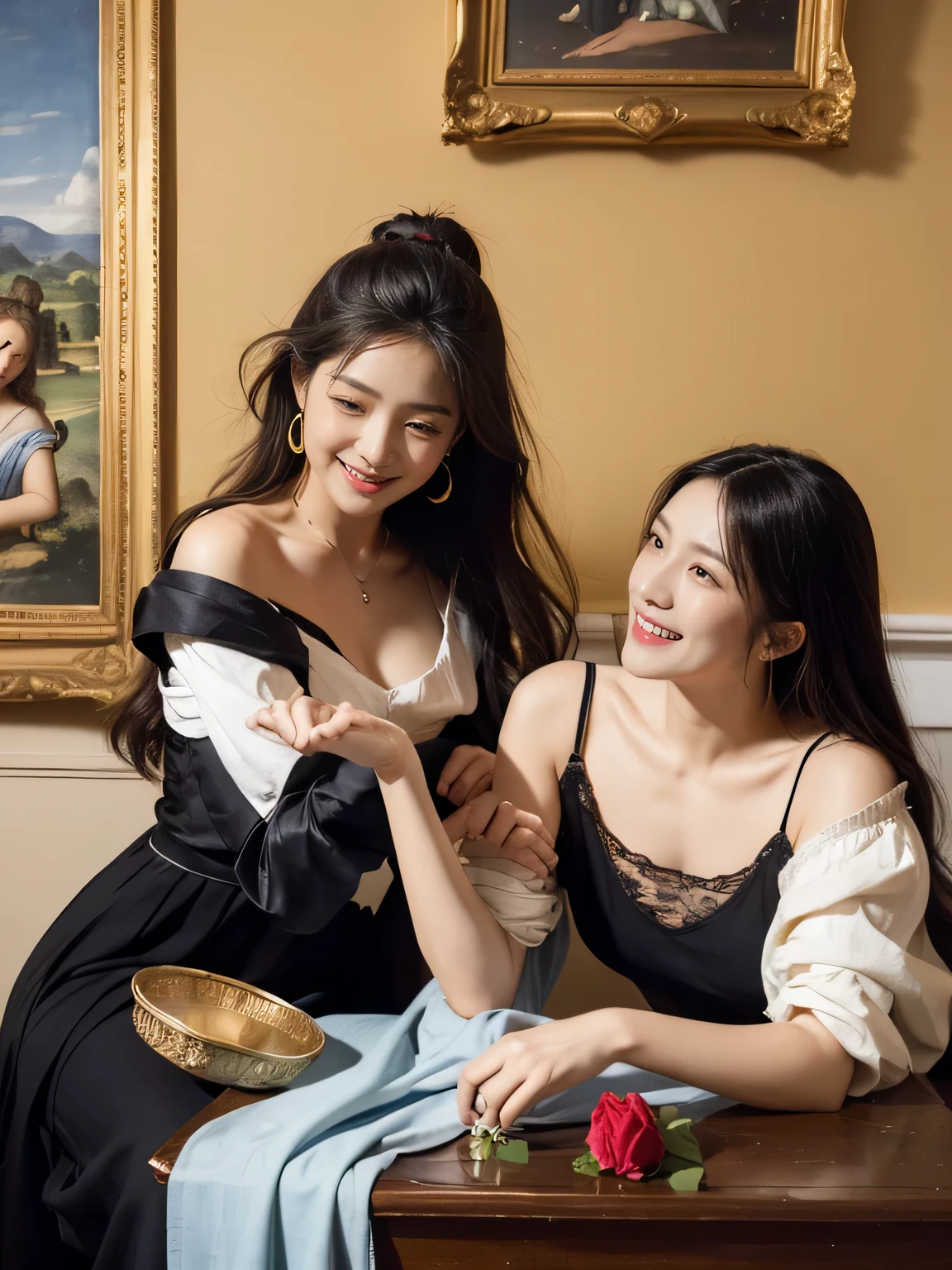 Giorgione painting style,Arguments of two female Philosophe,math、astronomical machine、astronaut、roses in vase、fruits、Cute trinkets、smile、ancient greek costume、Ancient Roman landscape in the style of Nicolas Poussin,laughter,,Sweet and seductive appearance.、Caravaggio's paintings、Chiaroscuro of Caravaggio、hair tousled by the wind,Two women frolicking,cute smile, expression of ecstasy,Sexy,erotic