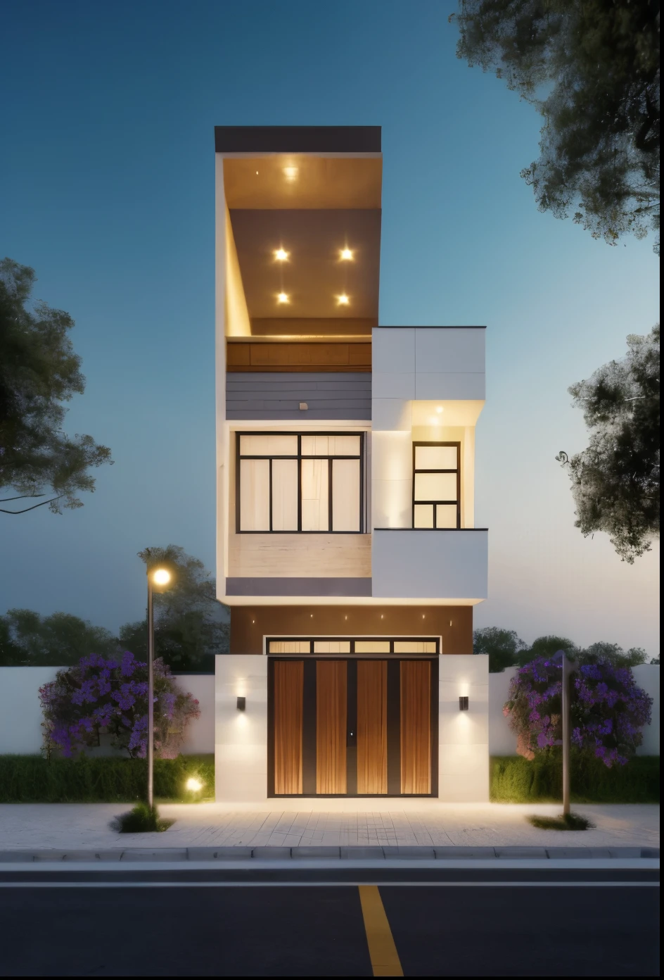 Realistic images, extremely detailed, a modern house, 1 road in font of house, large yard made by ceramic, (1 car), brick fence, lawn, a few small flowers, a road in front of the house, main materials of the house are white walls and red brick, Modern design, clear blue sky, sunrise light, light from inside, dynamic light,shimering light, cinematic light, romantic feeling, (((day light, warm light)))
