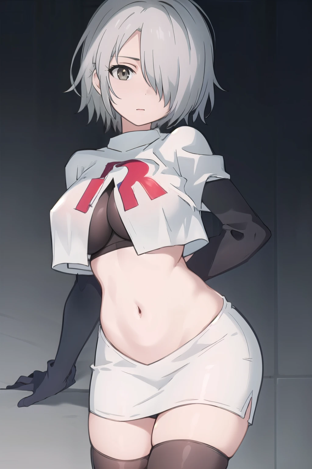 (masterpiece, best quality:1.2),illustration,8k,hd,1girl,solo,hair over one eye,short hair,ahoge,grey eyes,grey hair,alternate hair length,alternate hairstyle,large breasts,team rocket,team rocket uniform,white skirt,red letter R,crop top,black thigh-highs,black elbow gloves
