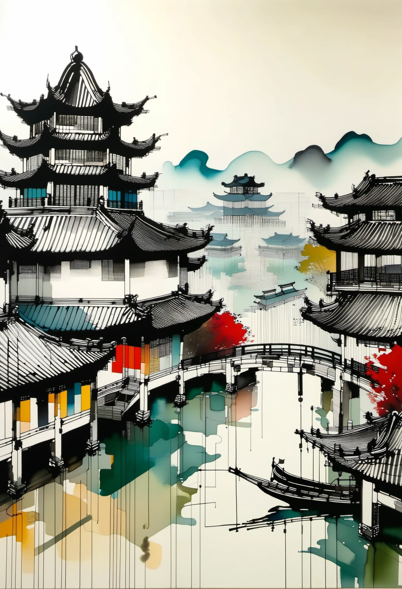 Geometric abstract ink,Describe the Jiangnan landscape architectural complex,Wu Guanzhong's style is an artistic expression that merges traditional Chinese ink techniques with Western painting concepts. It is characterized by modern interpretations of traditional themes, creating unique visual effects through color and line.