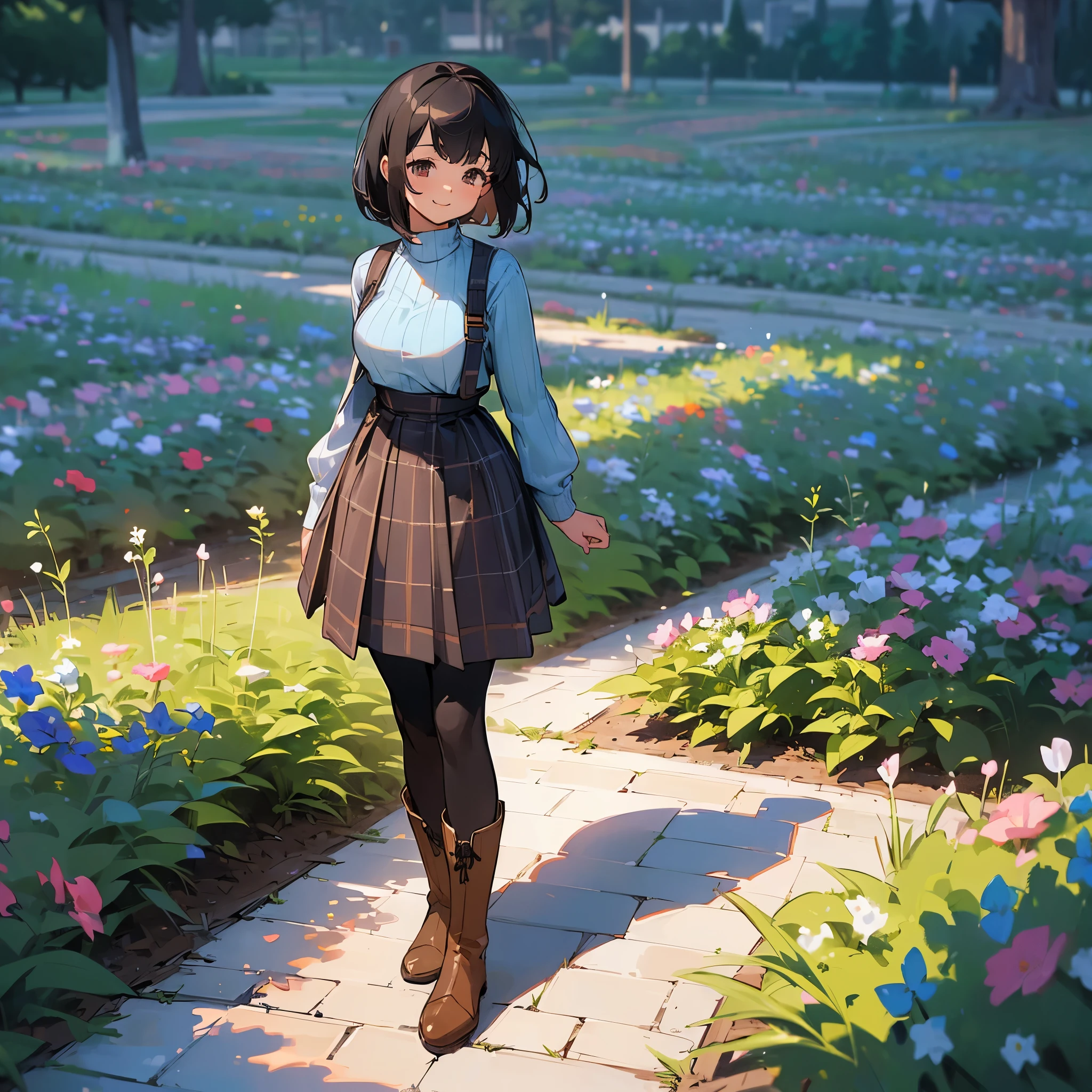 (high quality, High resolution, Super detailed, reality:1.37), peaceful atmosphere, (outdoors, garden), teenage girl standing alone, (my breasts are big.), Beautiful detail features, cute smile, (black bob hair), ribbed sweater, blue plaid skirt, black tights, brown boots.