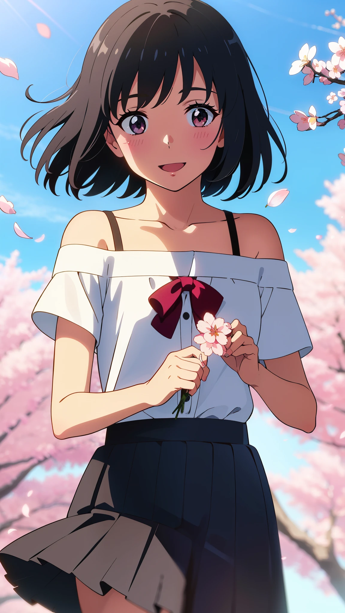 shinkai makoto, kimi no na wa., 1girl, bangs, black hair, blush, round eyes, bright eyes, brown eyes, red headband, red bow, red ribbon, short hair, shinny hair, smile, open mouth, cute, beautiful, shiny skin, looking at the viewer, solo, collarbone, white shirt, Off-the-shoulder, black pleated skirt, cherry_blossoms, falling_petals, petals, branch, pink_flower, blue_sky, spring_season, perfect hands, holding_flower, wind, tree