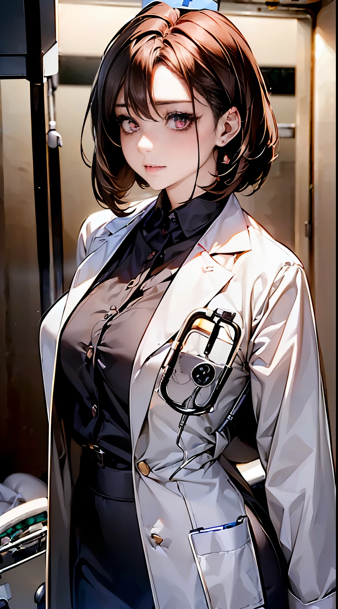 ((１people&#39;s women:1.4)), realistic beautiful doctor、amazingly beautiful、((doctor&#39;s white coat:1.8, collared shirt))、(highest quality、8k、32K、masterpiece、nfsw:1.3)、超A high resolution,(Photoreal:1.4),RAW photo, detailed face,,beautiful hair, ((doctor style)), , black tight skirt、 natural makeup,, big and full breasts、(hospital:1.9), detailed background, perfect lighting, Depth of written boundary, beautiful shadow gradation,Stethoscope:1.7, ((strong shining eyes:1.6)), While tying your hair:1.4, ((medium bob:1.6, brown hair))