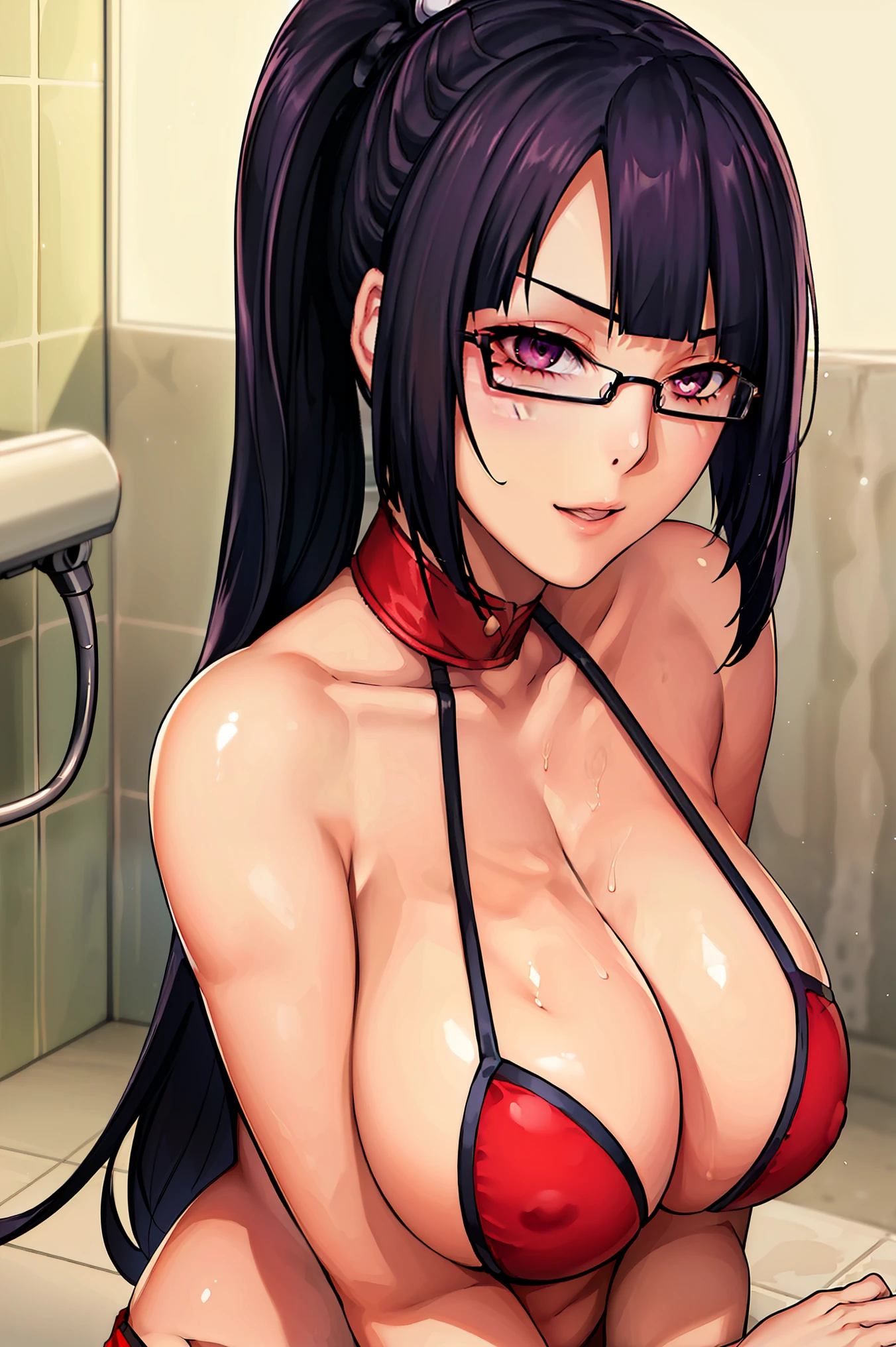 very tempting pose, (at shower room), (shower room background), Red bikini, semi-rimless eyewear, black hair, very long hair, ponytail,Bangs,purple eyes, 1 girl, 20yo,Young female,Beautiful Finger,Beautiful long legs,Beautiful body, Beautiful Nose,Beautiful character design, perfect eyes, perfect face,expressive eyes, perfect balance, looking at viewer,(Focus on her face), official art,extremely detailed CG unity 8k wallpaper, perfect lighting,Colorful, Bright_Front_face_Lighting,White skin, (masterpiece:1.0),(best_quality:1.0), ultra high res,4K,ultra-detailed, photography, 8K, HDR, highres, absurdres:1.2, Kodak portra 400, film grain, blurry background, bokeh:1.2, lens flare, (vibrant_color:1.2),professional photograph, (Beautiful,huge_Breasts:1.4), (beautiful_face:1.5),(narrow_waist)