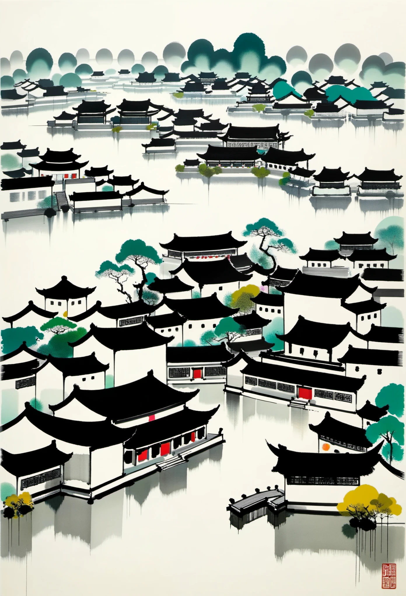 Geometric abstract ink，Describe the Jiangnan landscape architectural complex，Wu Guanzhong's style is an artistic expression that merges traditional Chinese ink techniques with Western painting concepts. It is characterized by modern interpretations of traditional themes, creating unique visual effects through color and line.