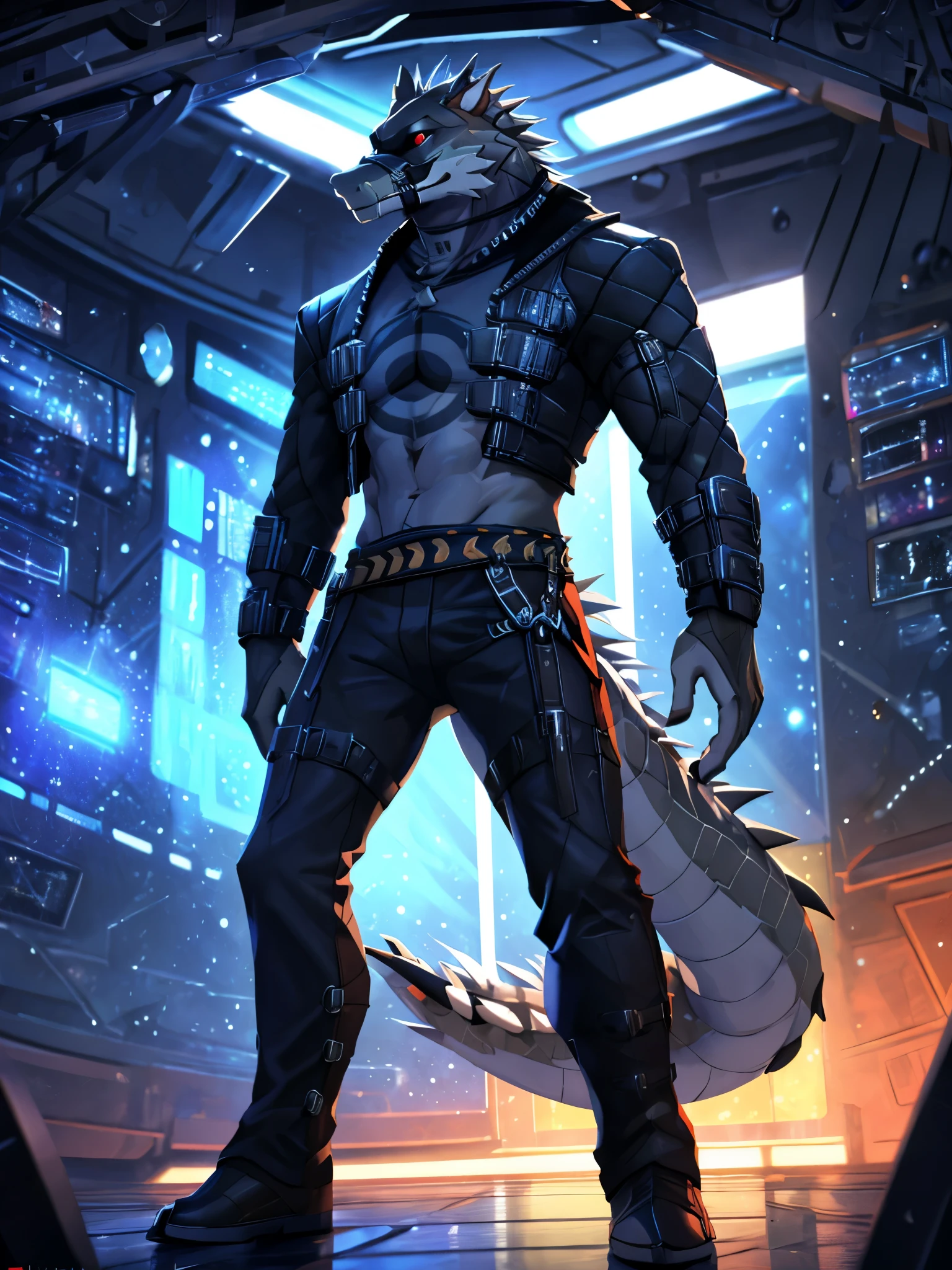 posted on e621, (by Chunie), male, Daylon (dislyte), Crocodile anthro, Crocodile tail, solo, red eyes, (Realistic eye details 1.2), anime character, arafed image of a man in a space station with a mask, pov furry art, anthro paw pov art, furry paw pov art, commission for high res, furry art!!!, very very beautiful furry art, furry art, on a space station, in a space station, fursona furry art commission, detailed fanart, fursona art, furry fantasy art, slim body, full body like, Standing up, in a panoramic view, masterpiece, Abstract beauty, ultra detailed face, depth of field, motion blur, high details, high quality, award winning, HD, 16k, (best quality,4k,8k,highres,masterpiece:1.2),ultra-detailed,realistic:1.37,HDR,UHD,studio lighting,extreme detail description,professional,vivid colors,bokeh,lively atmosphere, natural lighting