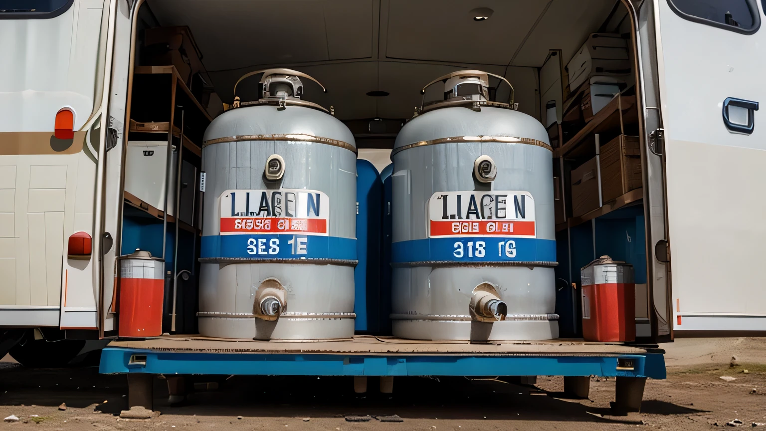 Behind the caravan, Two large gas tanks are placed on top. Behind the caravan, Two large gas tanks are placed on top
