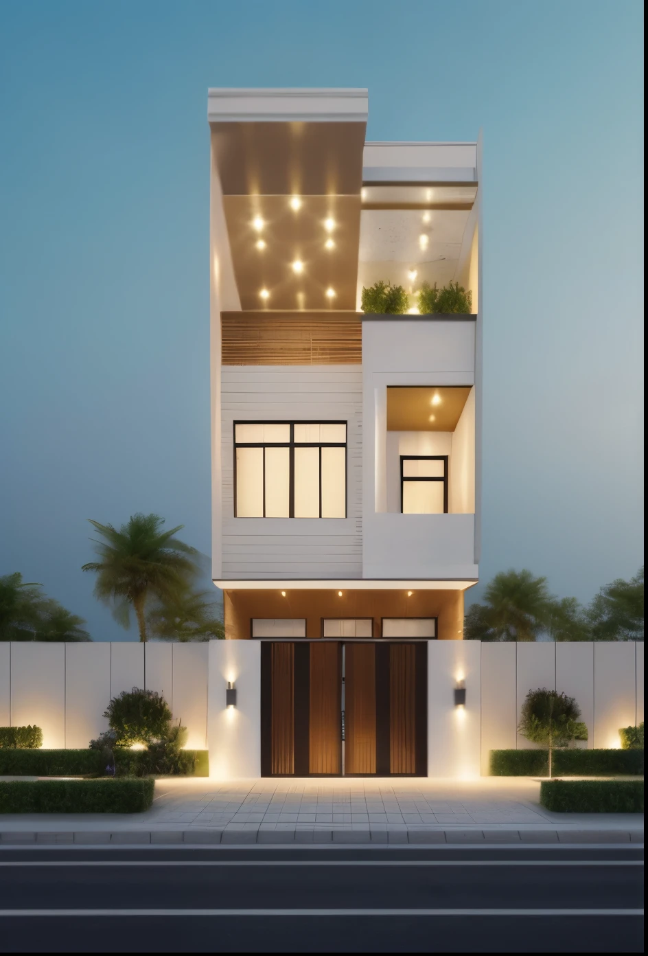 Realistic images, extremely detailed, a modern house, 1 road in font of house, large yard made by ceramic, (1 car), brick fence, lawn, a few small flowers, a road in front of the house, main materials of the house are white walls and red brick, Modern design, clear blue sky, sunrise light, light from inside, dynamic light,shimering light, cinematic light, romantic feeling, (((day light, warm light)))