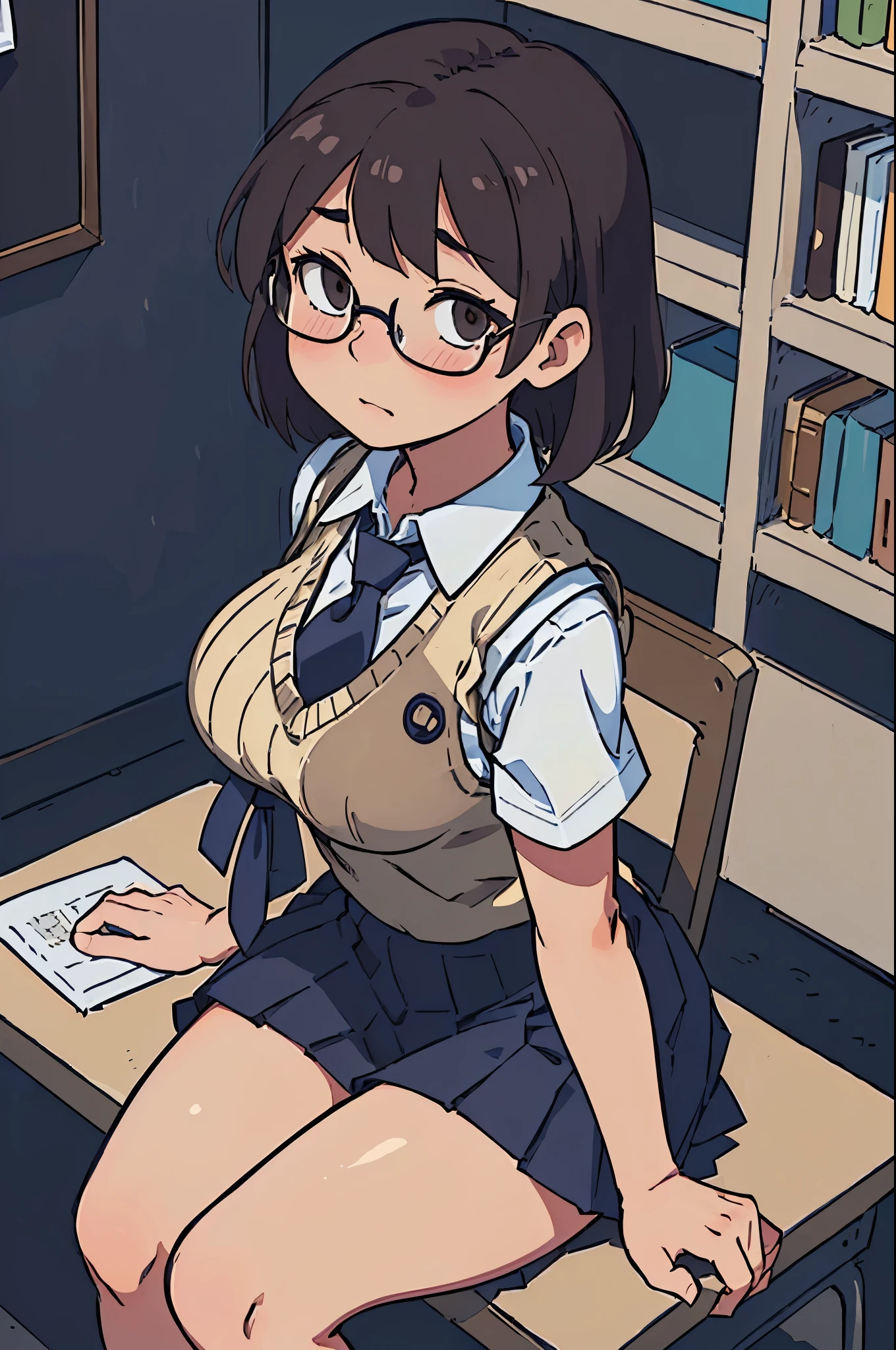 masterpiece, Ultra detailed, top quality, perfect anime illustration, a girl, 13yo, dark brown short cut, (((shy, thick thighs))), (shiny skin, huge breasts), short sleeve white collar shirt, ((light brown sweater vest)), (navy blue pleated skirt, tie), glasses, full body shot, sitting in library, wariza, bare legs,