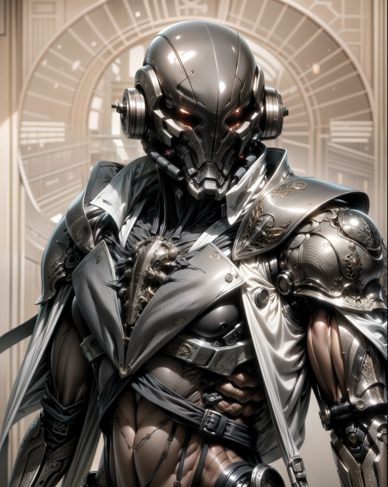 (((epic and visually stunning complex digital anime masterpiece:1.6, elegant decorated fantasy military cyborg:1.3, ((gorgeous feminine male physique:1.3, graceful:1.4)) soldier:1.3))), (((heavily muscled masculine chest:1.4, chiseled abs:1.4, heavily toned:1.4, slim yet muscular:1.3))), (((complex and beautiful:1.3, elegant:1.3, beautiful fantasy style:1.5, beautiful sleek fantasy style mechanical helmet:1.5))), (((elegant tactical double breasted trench coat:1.5, sleek exoskeleton:1.3))), (((form fitted armor plating:1.3, super sleek sensually revealing under suit:1.5, waist and thighs exposed:1.5)), ((flamboyant feminine essence:1.4, heavy mechanical gothic aesthetic:1.4)), ((androgynous body build)), (((toned yet heavily muscled gorgeous femboy physique:1.4, gorgeous perfectly defined muscles:1.4, toned sleek mechanical arms and legs:1.4, thick well rounded thighs:1.5, mechanical muscles))), ((((depth of field, cinematic lighting, chromatic aberration, ray tracing, UHD, masterpiece, top of head covered, super detail, high details, high quality, award winning, 8k, highres)))):1.6, (((dieselpunk, decopunk, artificial muscle))):1.6, (((beautifully engraved gothic scifi style design:1.4)))