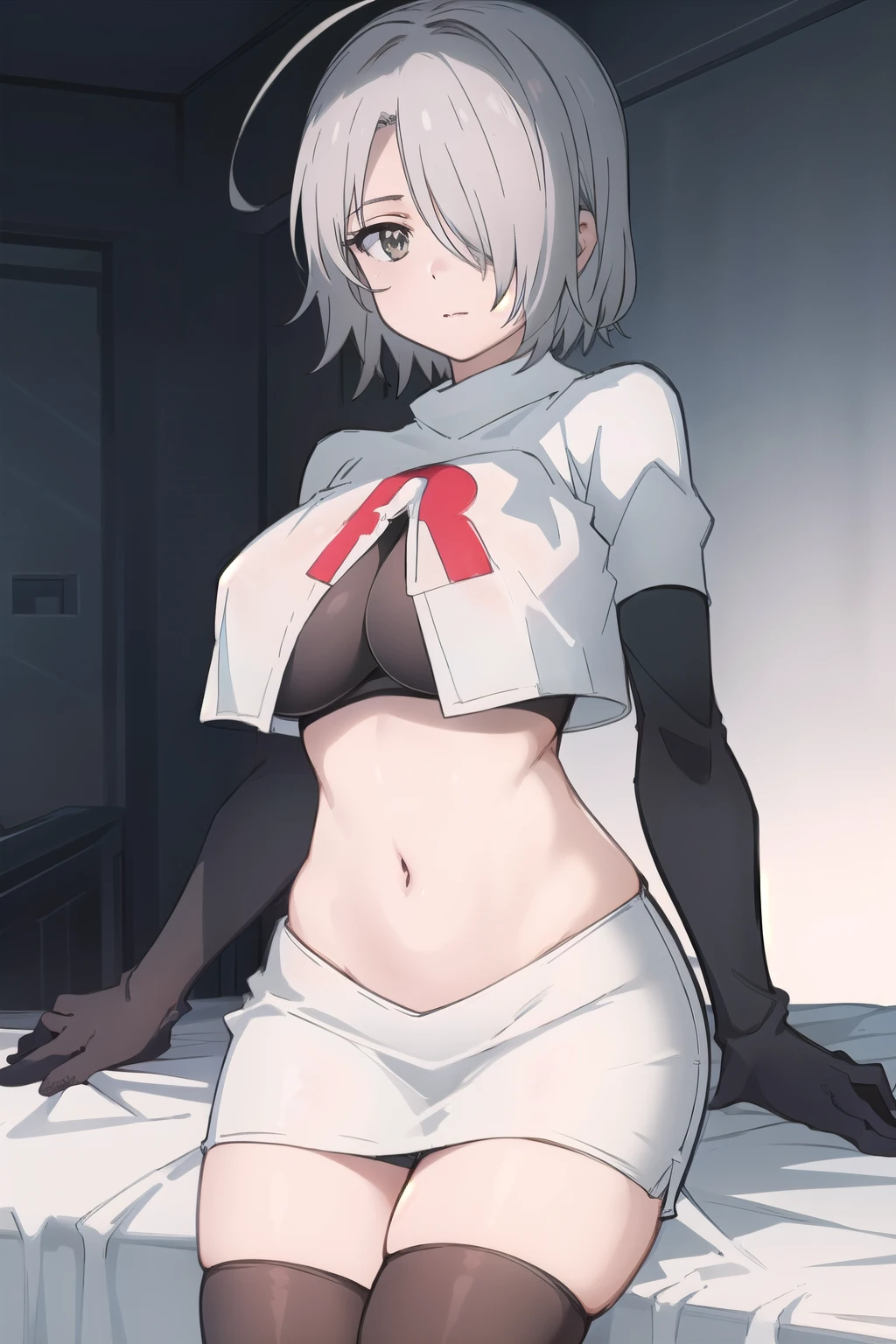 (masterpiece, best quality:1.2),illustration,8k,hd,1girl,solo,hair over one eye,short hair,ahoge,grey eyes,grey hair,alternate hair length,alternate hairstyle,large breasts,team rocket,team rocket uniform,white skirt,red letter R,crop top,black thigh-highs,black elbow gloves